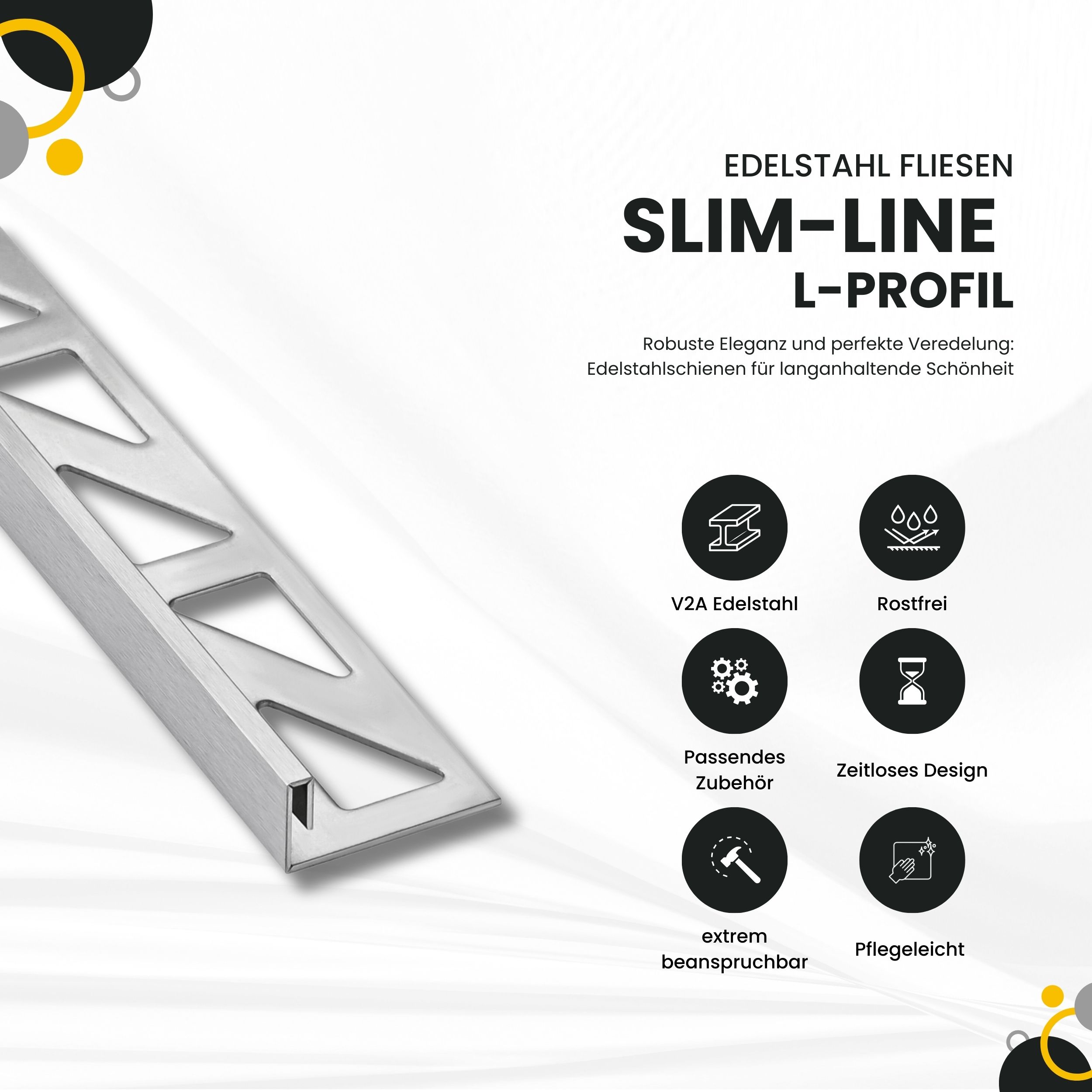 Slim-Line Edelstahl L-Profil Fliesenschiene V2A L250cm H10mm silber gebürstet