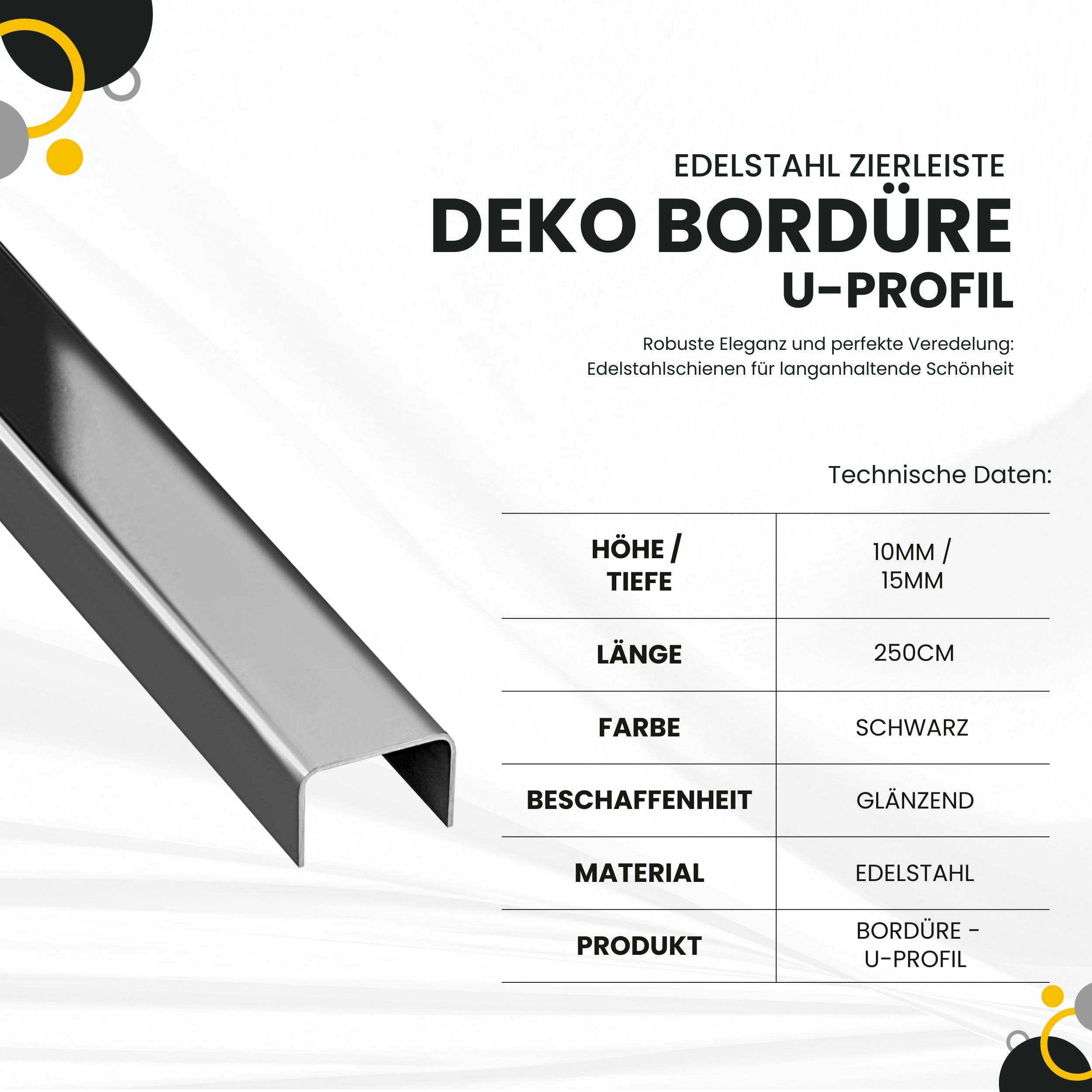 U Profil Edelstahlschiene Bordüre Fliesenschiene Edelstahl V2A L250cm 15mm schwarz glänzend