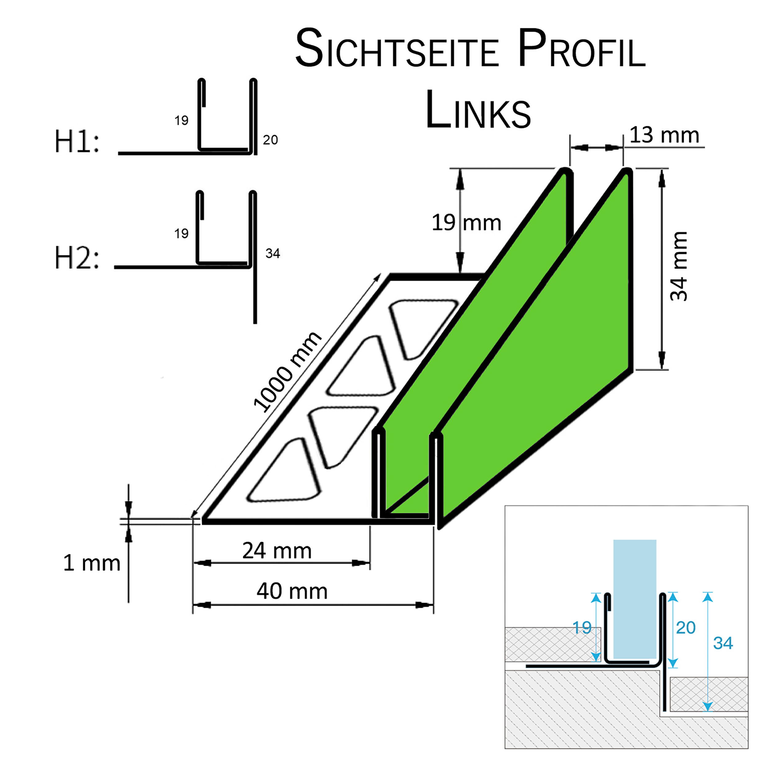 Glashalter- Duschprofil, Keil- Gefälle-Profil begehbare Dusche H19 G13 Links 100cm glänzend