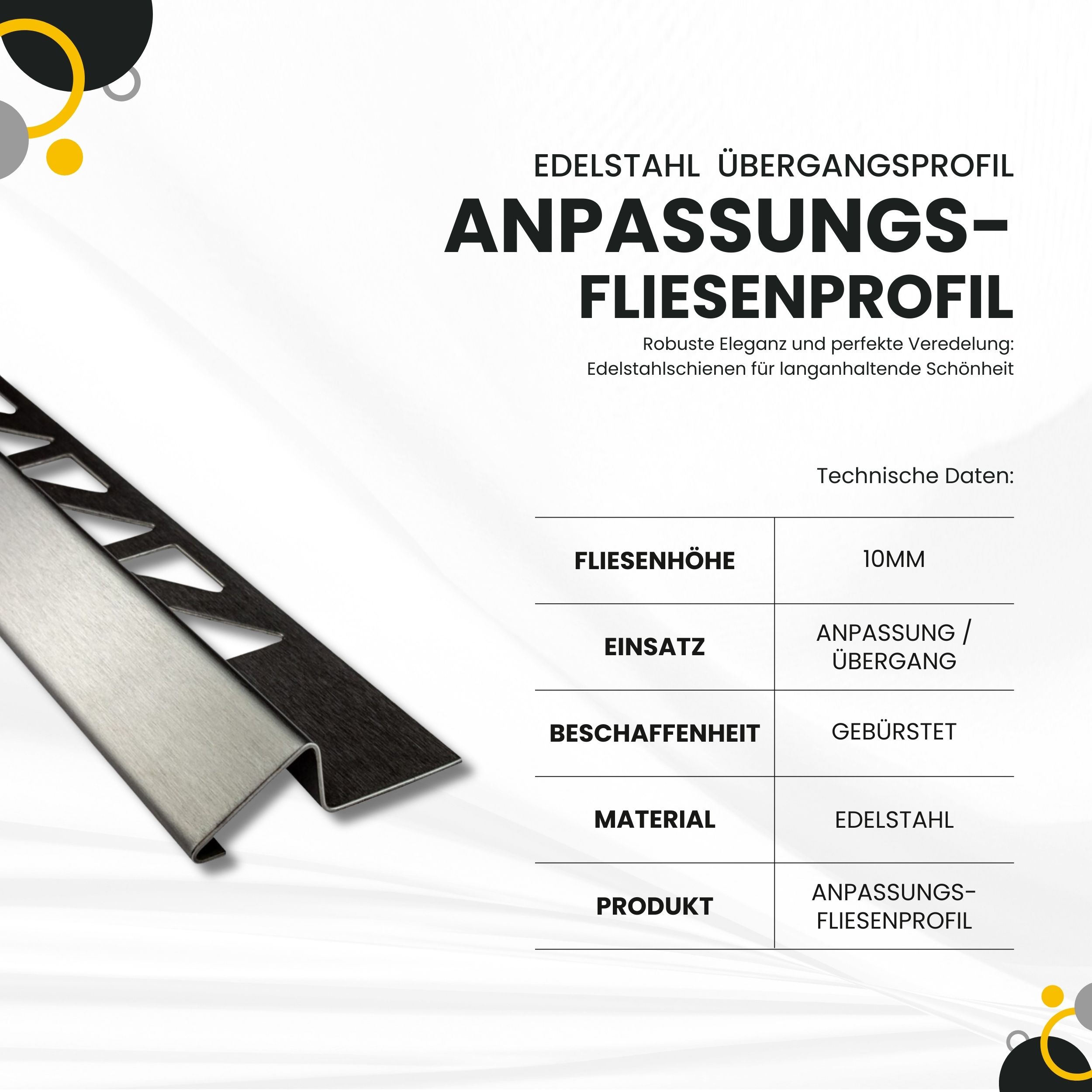 Anpassungsprofil Edelstahl Übergang Fliesenleiste Profil V2A 2,5m 10mm gebürstet