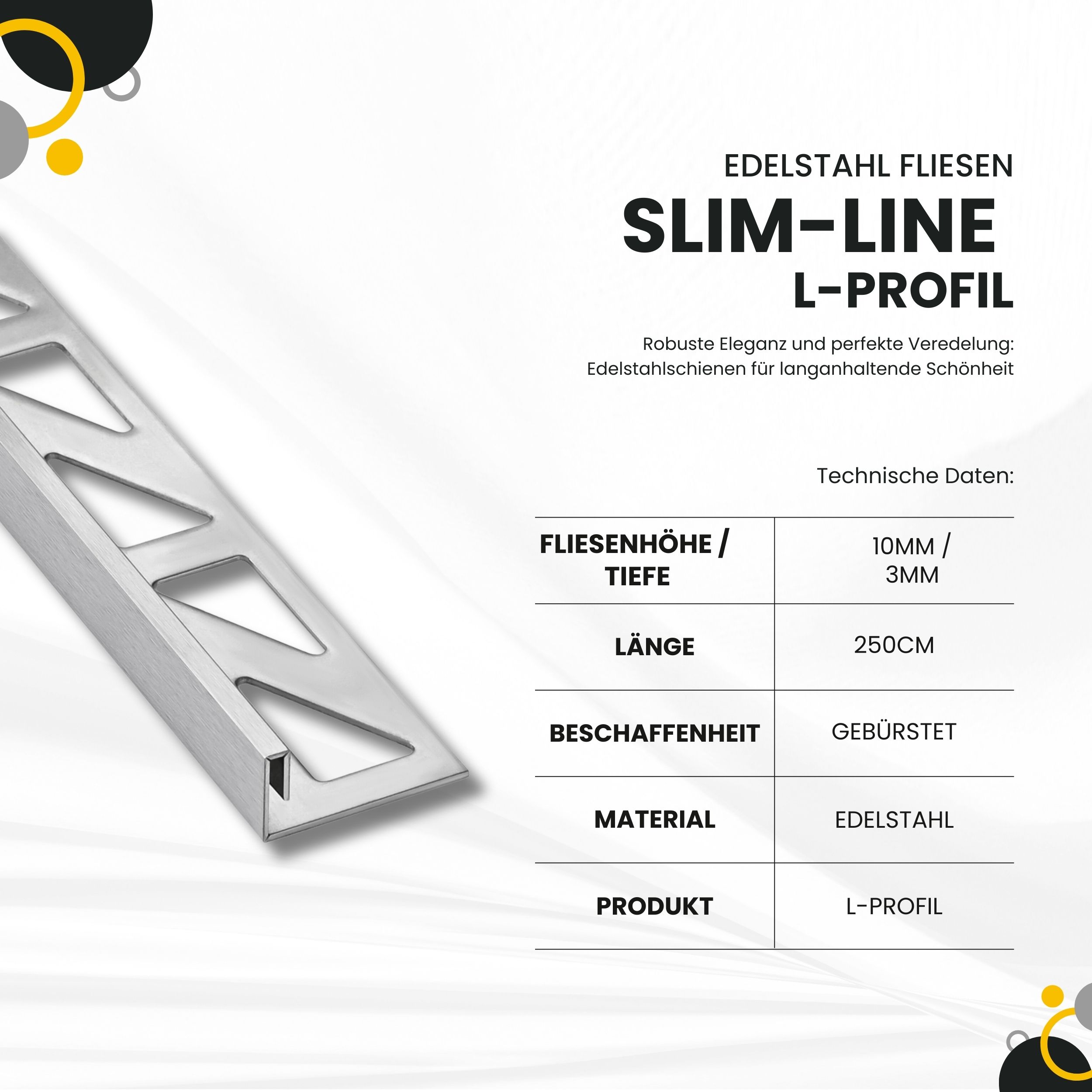 Slim-Line Edelstahl L-Profil Fliesenschiene V2A L250cm H10mm silber gebürstet Slim-Line Edelstahl L-Profil Fliesenschiene V2A L250cm H10mm silber gebürstet