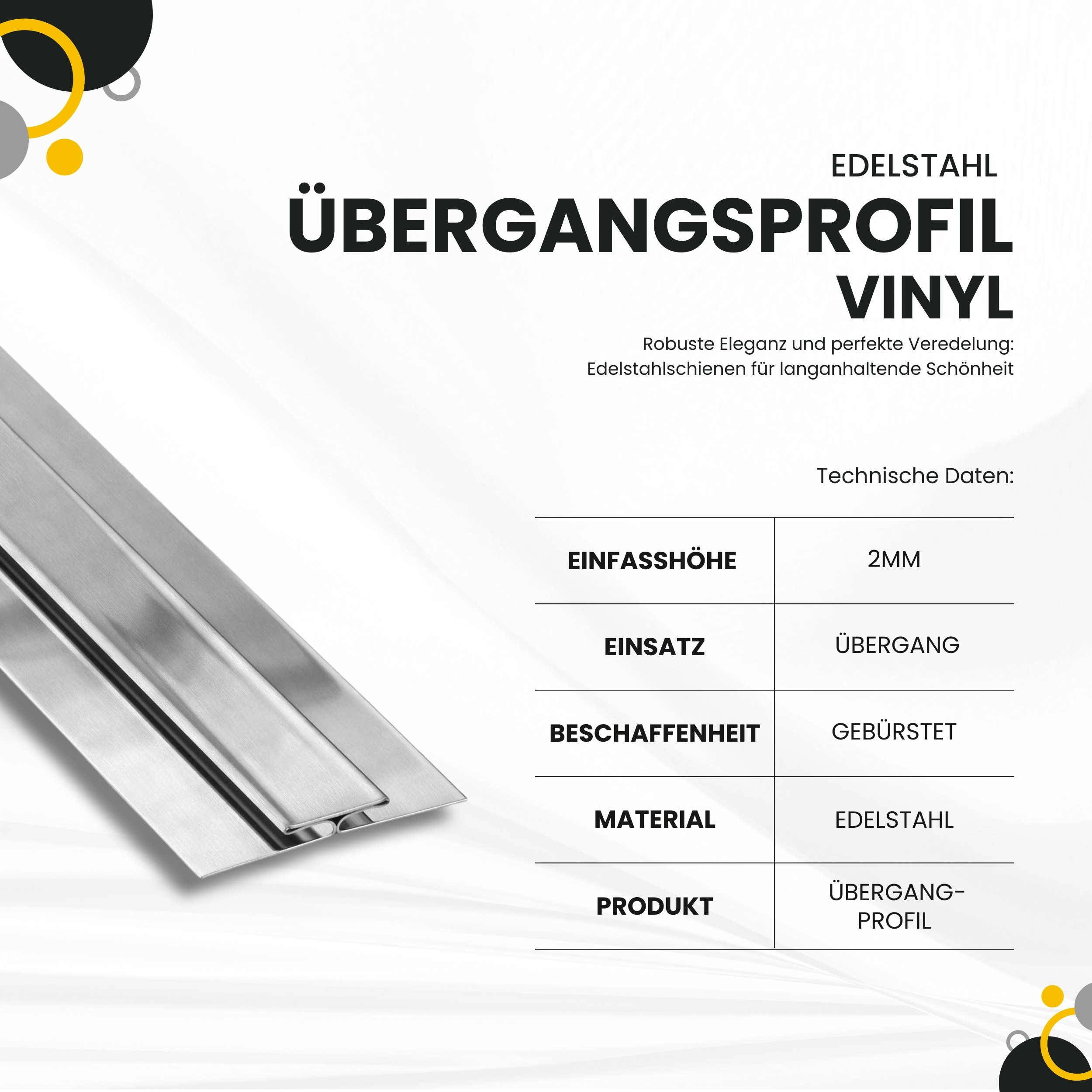 Vinyl Übergangsprofil H-Profil Edelstahl V2A, L250cm, H2mm, silber gebürstet Vinyl Übergangsprofil H-Profil Edelstahl V2A, L250cm, H2mm, silber gebürstet