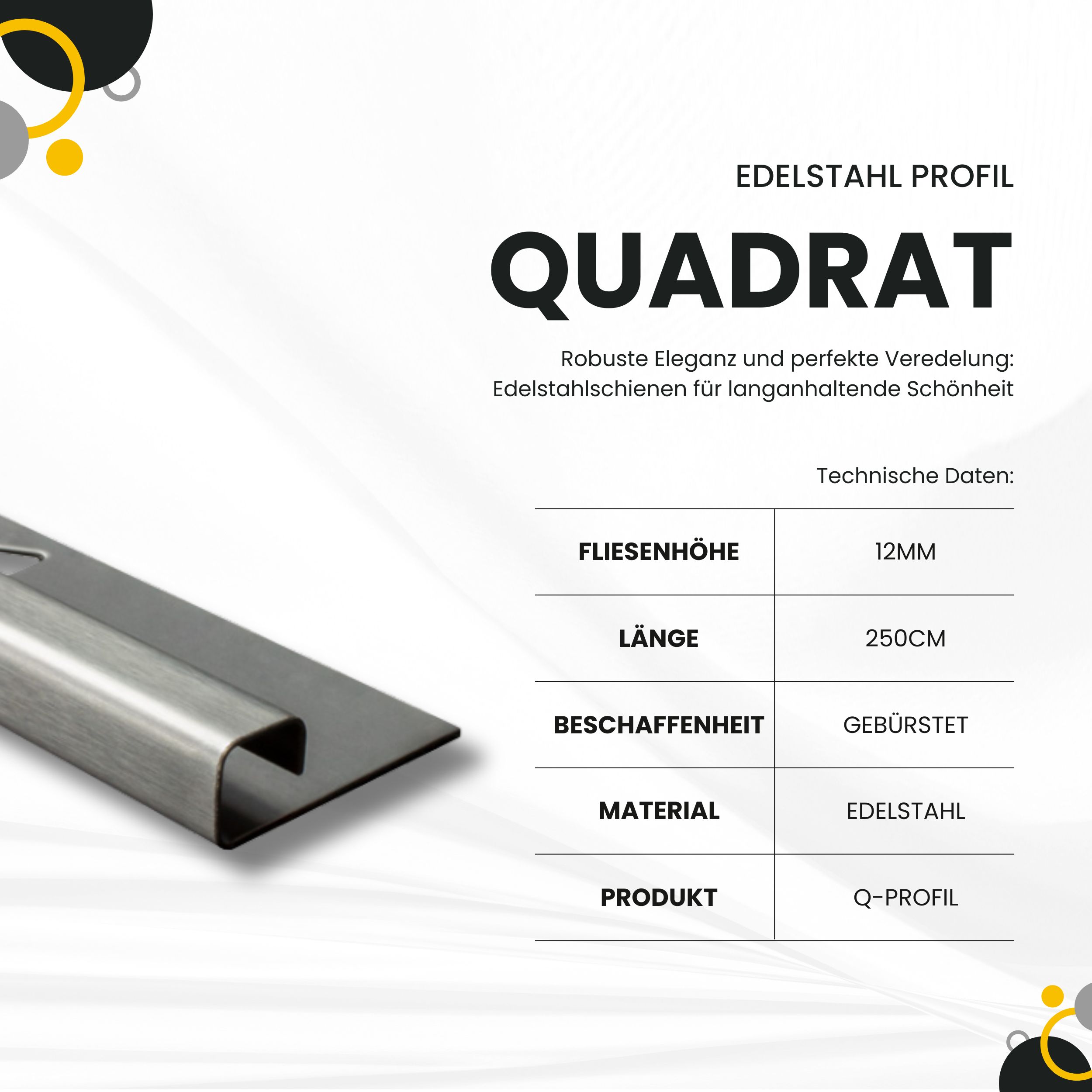 Quadrat Edelstahlschiene Profil Fliesenschiene Edelstahl V2A L250cm 12mm gebürstet