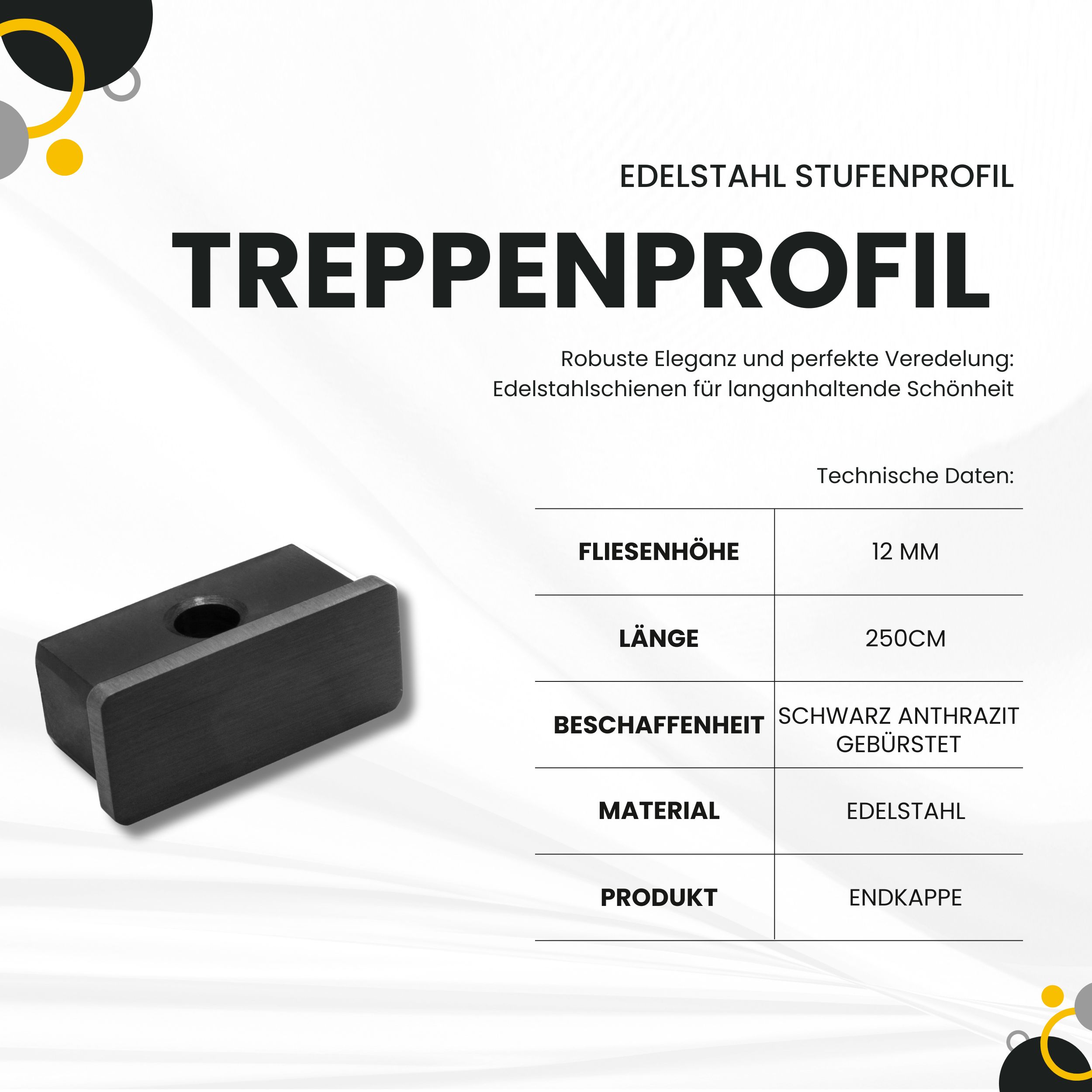 Edelstahl Stufenprofil Fliesen Treppen schwarz anthrazit gebürstet 12mm Endkappe