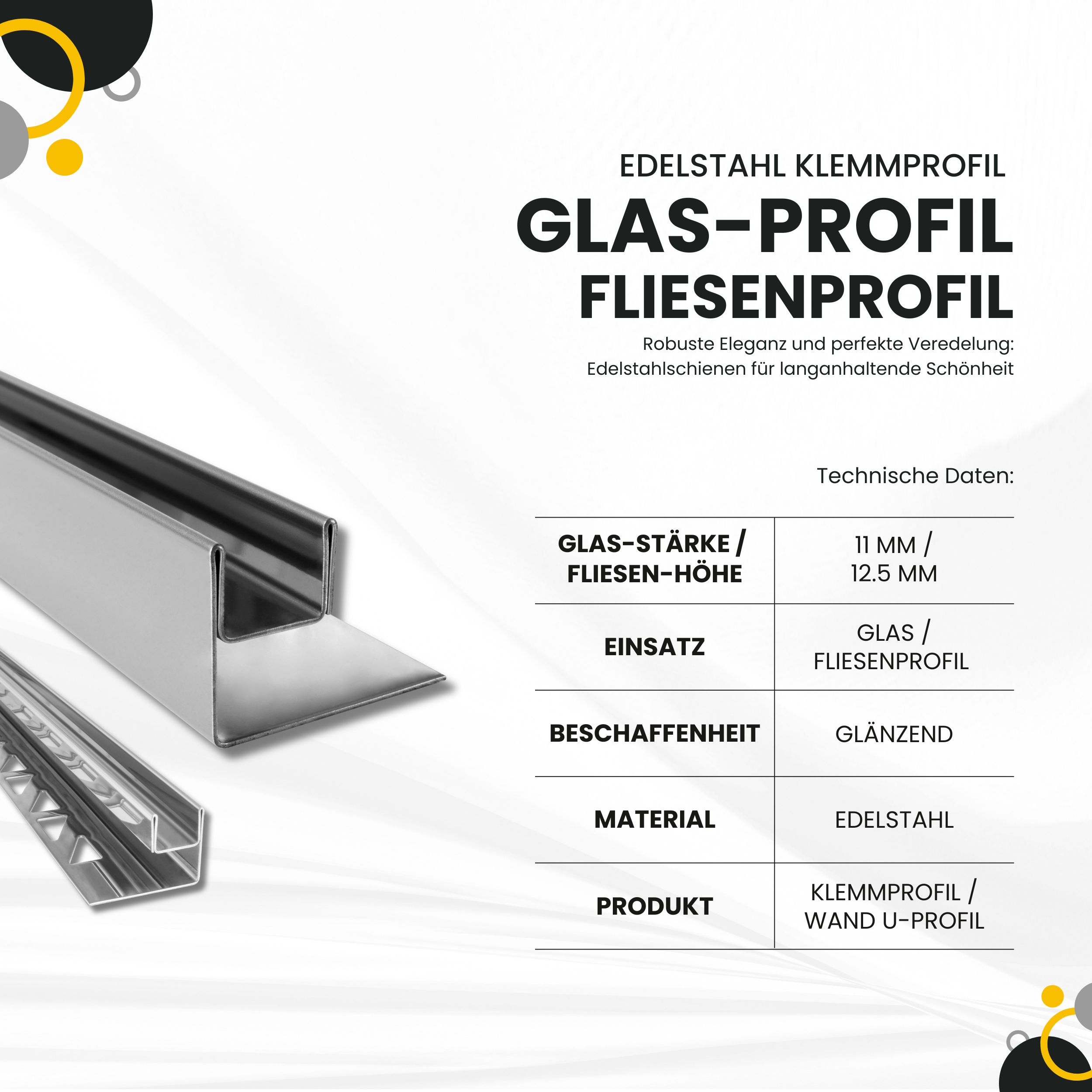 Glas-Fliesenprofil Edelstahl Klemmprofil Wandprofil V2A 2,5m H26,5mm 11mm Glas glänzend Glas-Fliesenprofil Edelstahl Klemmprofil Wandprofil V2A 2,5m H26,5mm 11mm Glas glänzend