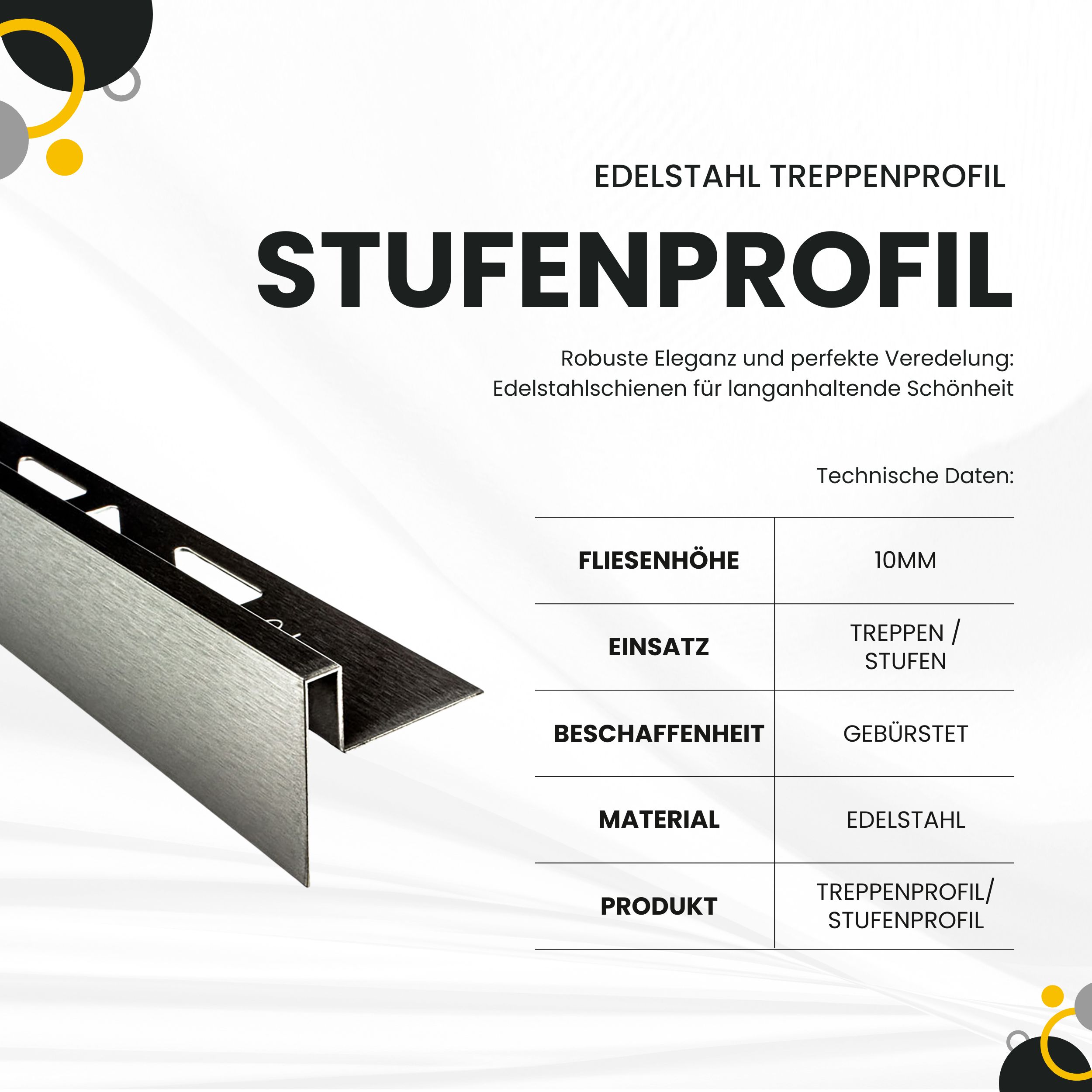 Edelstahl Stufenprofil Treppenprofil Fliesenleiste Treppen V2A L2,5m H10mm gebürstet