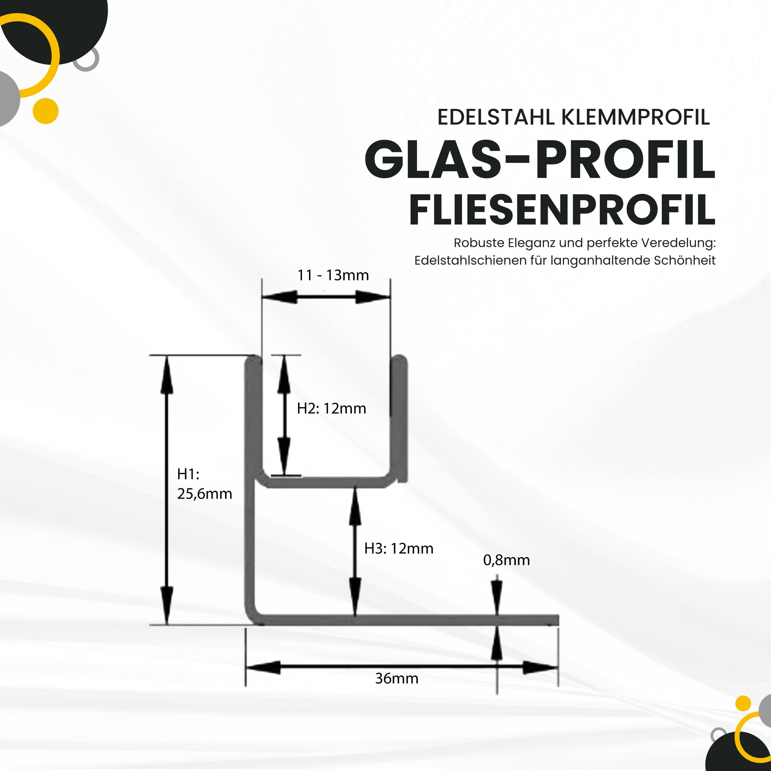 Glas-Fliesenprofil Edelstahl Klemmprofil Wandprofil V2A 2,5m H26,5mm Glas-Fliesenprofil Edelstahl Klemmprofil Wandprofil V2A 2,5m H26,5mm 13mm Glas glänzend