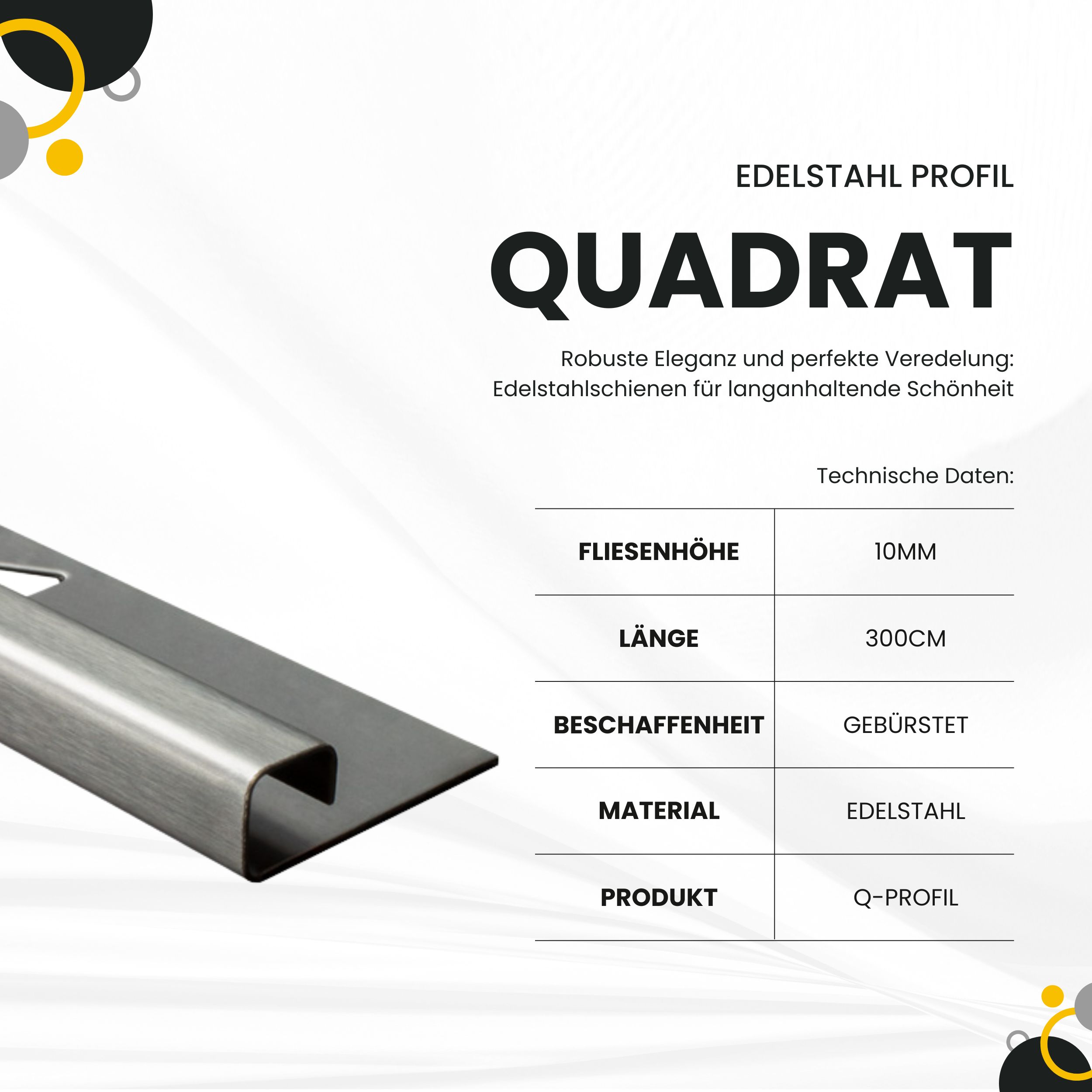 Quadrat Ausseneck Edelstahl V2A 10mm gebürstet