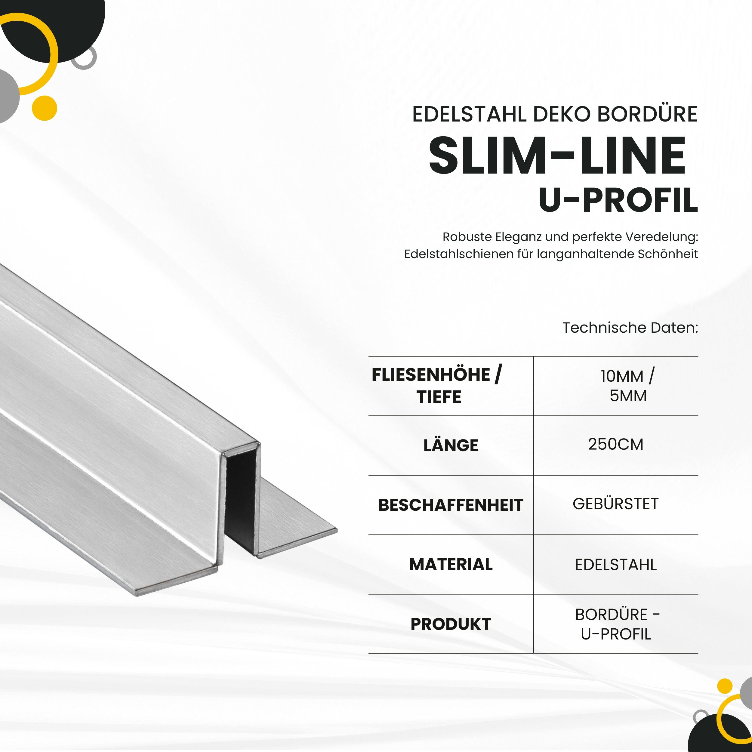 Slim-Line U-Profil Bordüre mit Schenkel Fliesenschiene Edelstahl V2A L250cm H10 gebürstet
