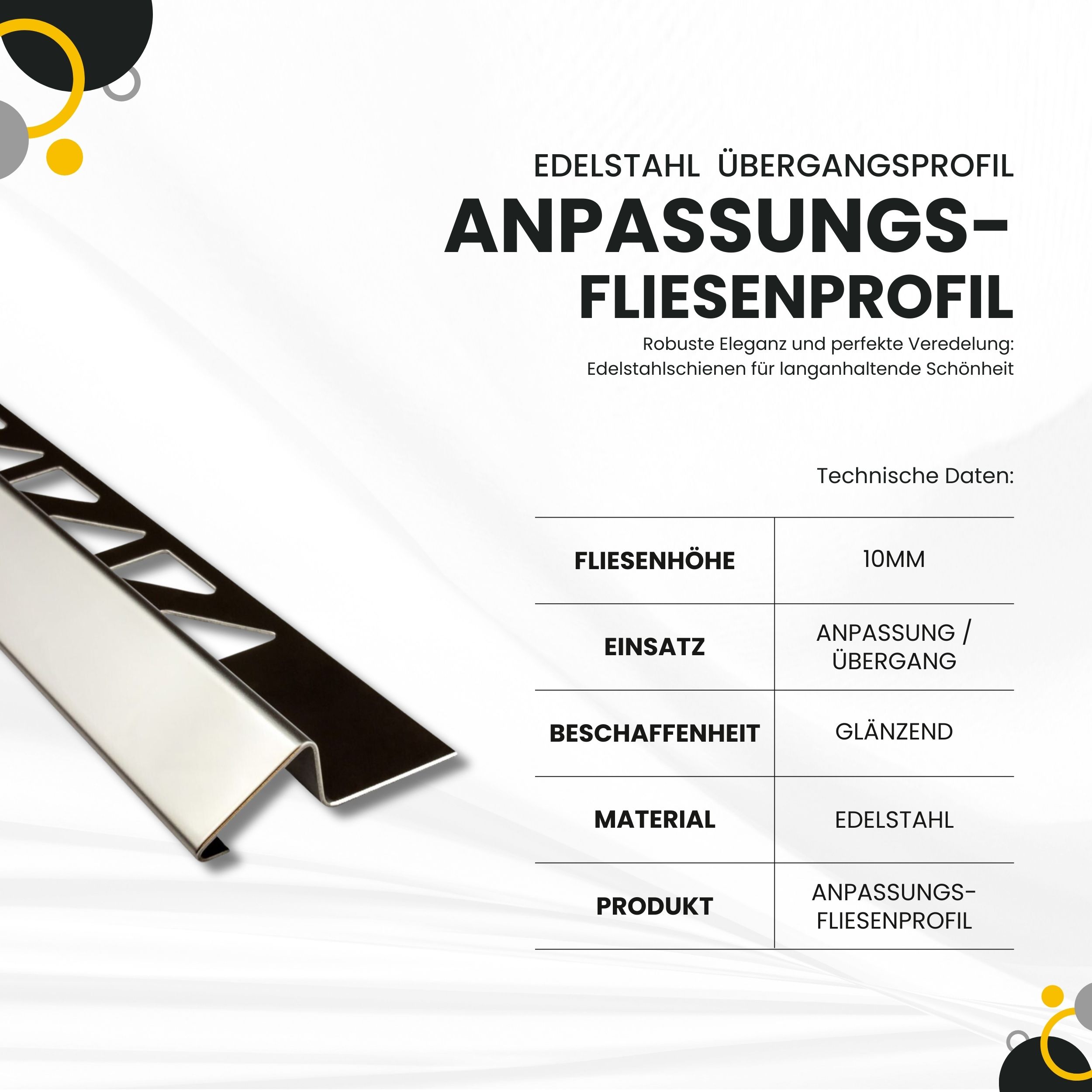 Anpassungsprofil Edelstahl Übergang Fliesenleiste Profil V2A 2,5m 10mm glänzend Anpassungsprofil Edelstahl Übergang Fliesenleiste Profil V2A 2,5m 10mm glänzend