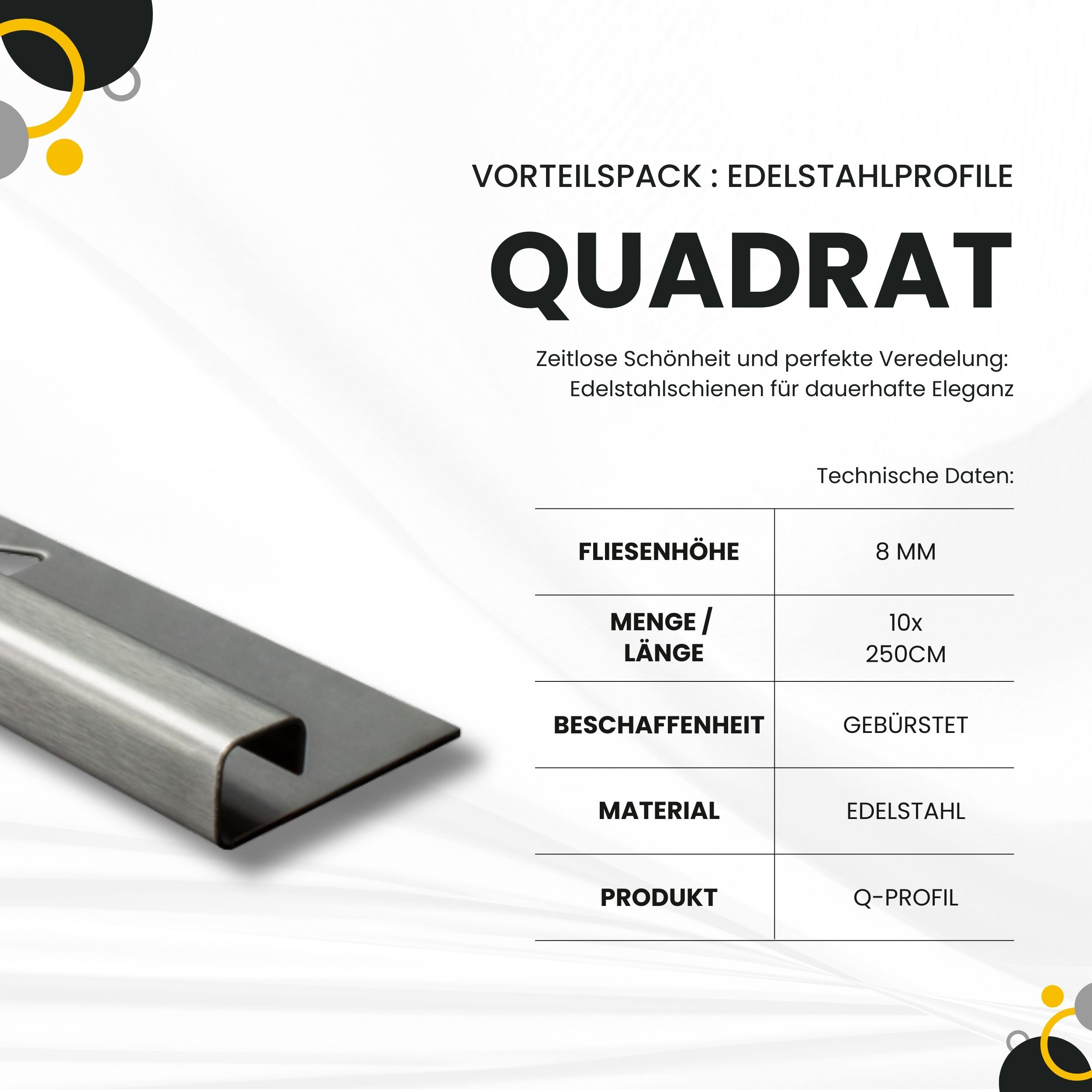 10x Quadrat Edelstahlschiene Fliesenprofil Fliesenschiene L250cm 8mm gebürstet