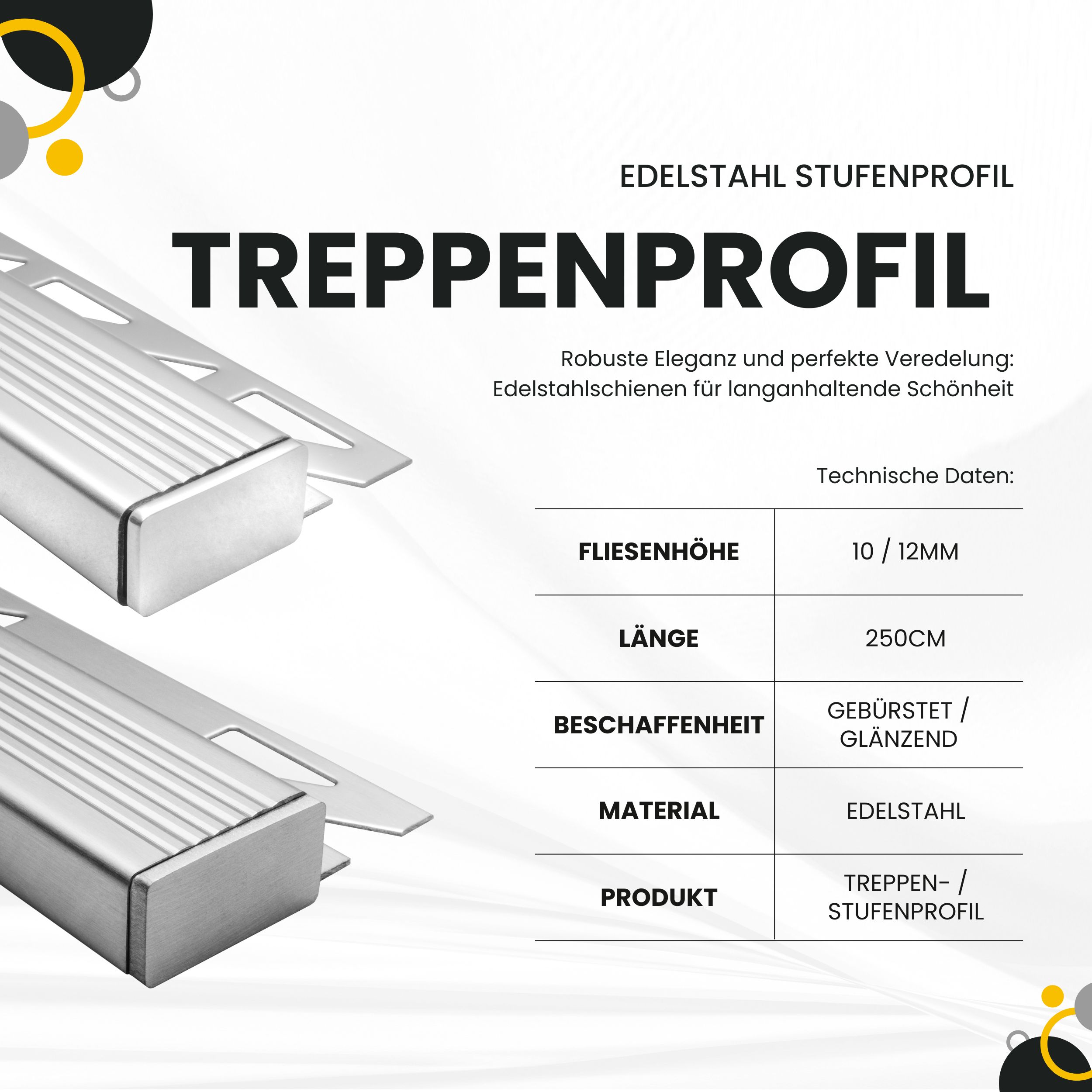 Edelstahl Stufenprofil Fliesenleiste Treppen Schiene L2,5m H12mm Profil glänzend