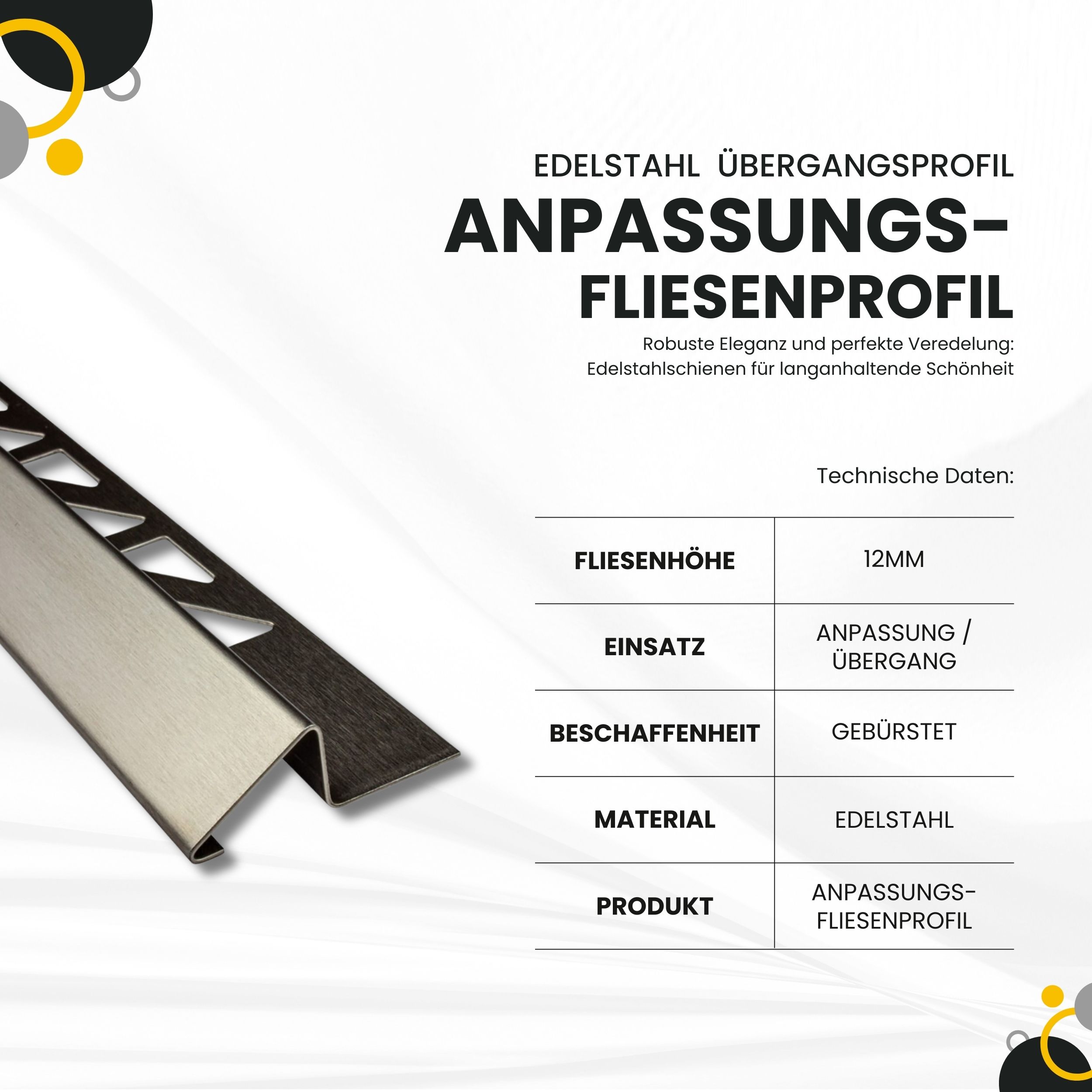 Anpassungsprofil Edelstahl Übergang Fliesenleiste Profil V2A 2,5m 12mm gebürstet Anpassungsprofil Edelstahl Übergang Fliesenleiste Profil V2A 2,5m 12mm gebürstet