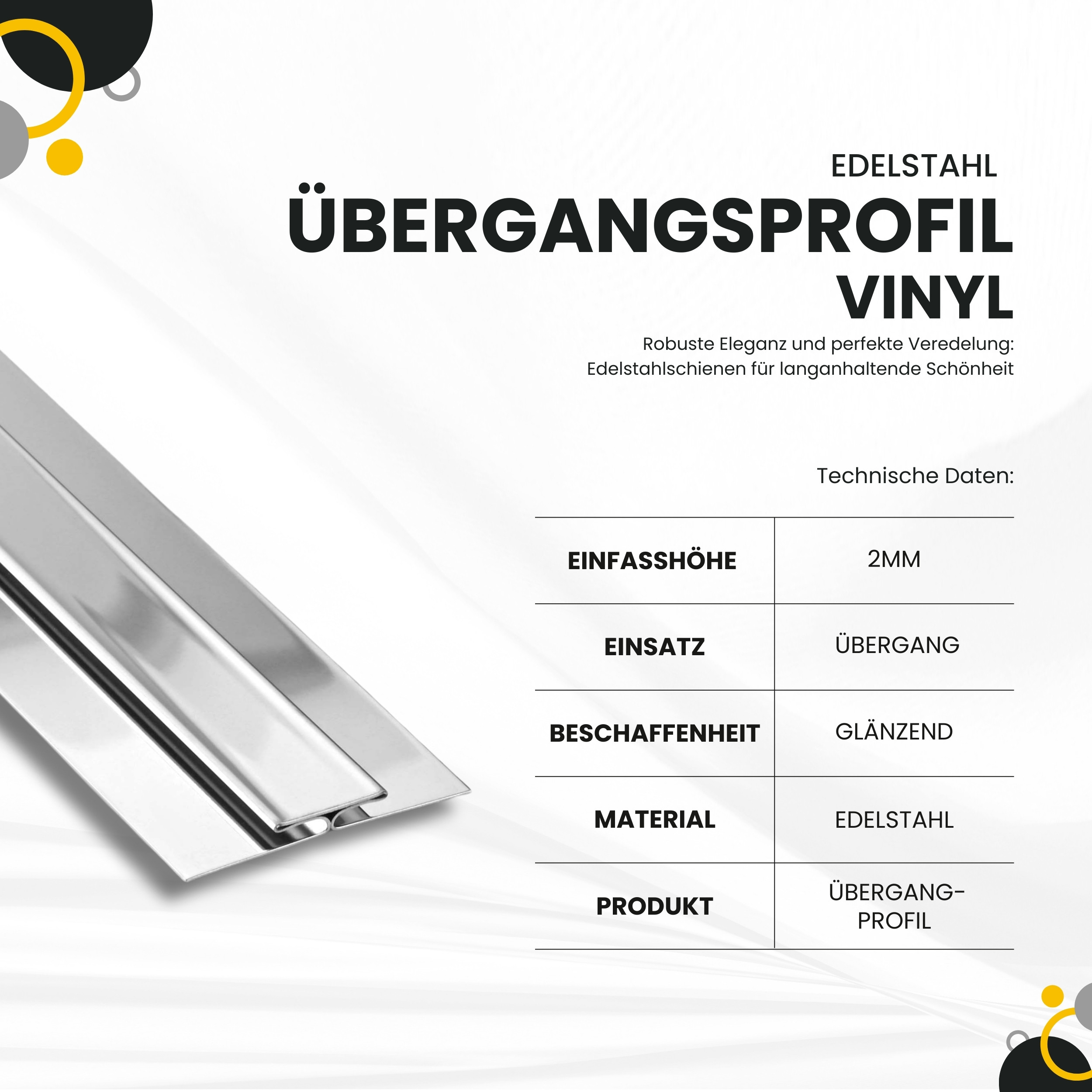 Vinyl Übergangsprofil H-Profil Edelstahl V2A, L250cm, H2mm, silber glänzend Vinyl Übergangsprofil H-Profil Edelstahl V2A, L250cm, H2mm, silber glänzend