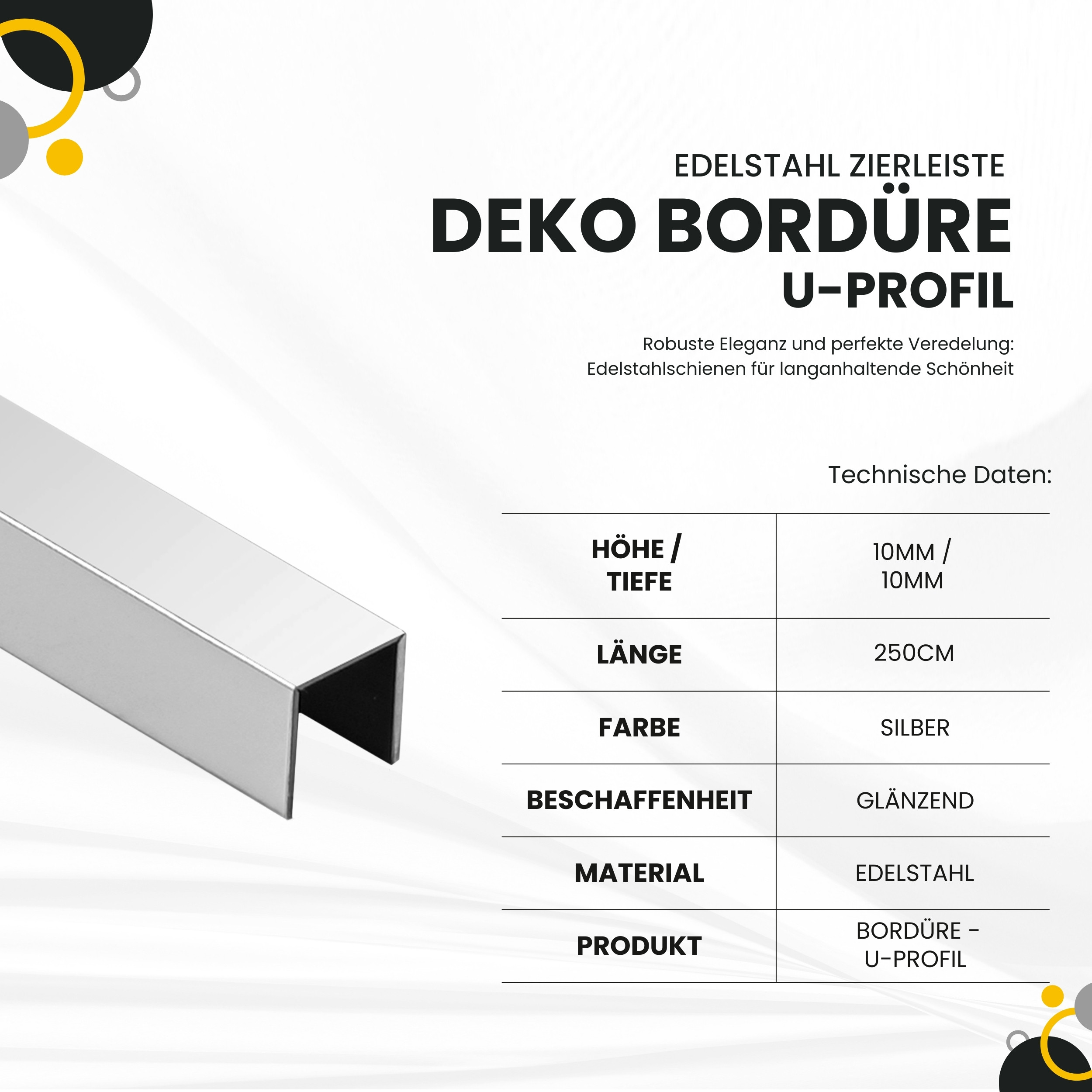 Deko Bordüre U-Profil Zierleiste Fliesenschiene Edelstahl V2A L250cm 10mm silber glänzend Deko Bordüre U-Profil Zierleiste Fliesenschiene Edelstahl V2A L250cm 10mm silber glänzend