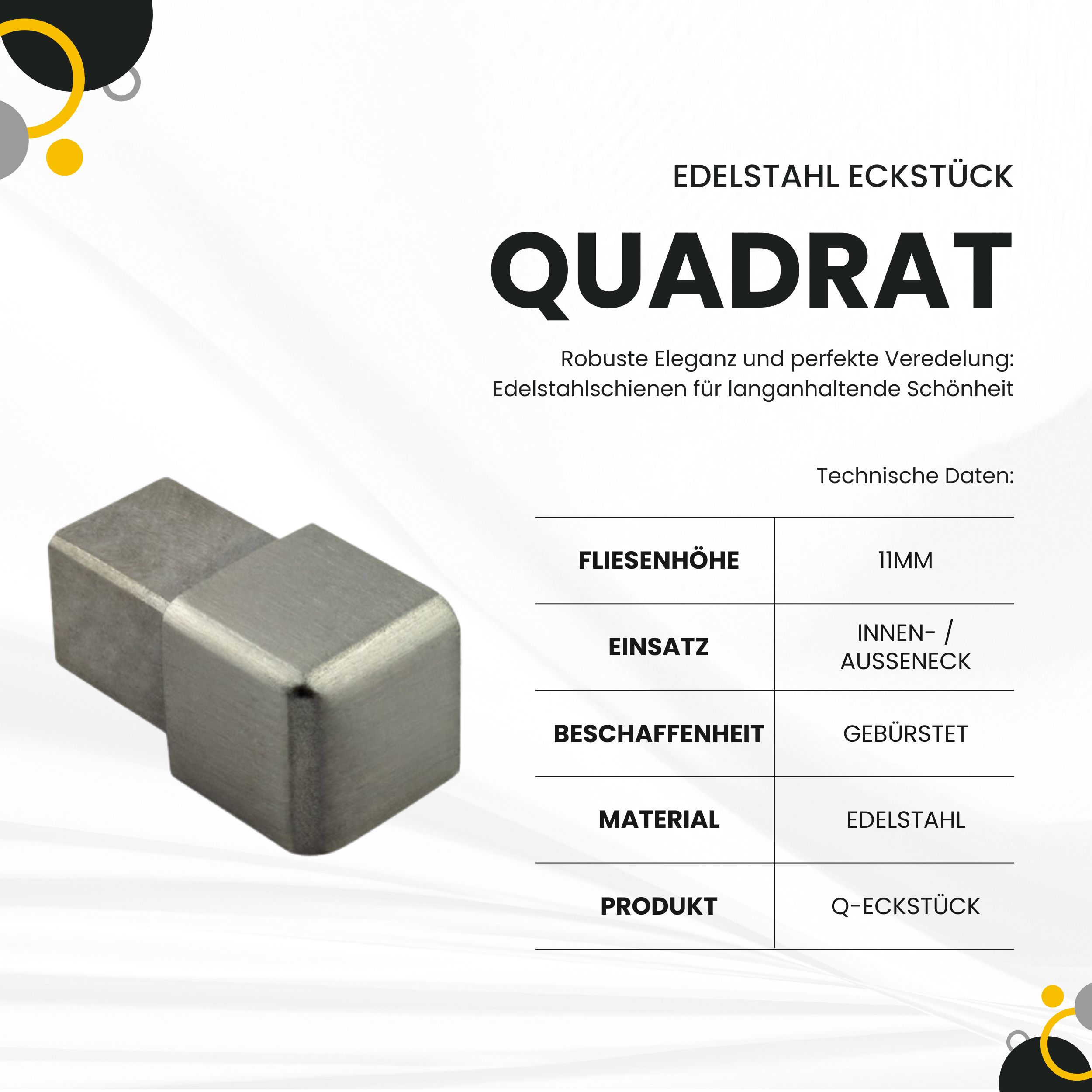 Quadrat Ausseneck Edelstahl V2A 11mm gebürstet Quadrat Ausseneck Edelstahl V2A 11mm gebürstet