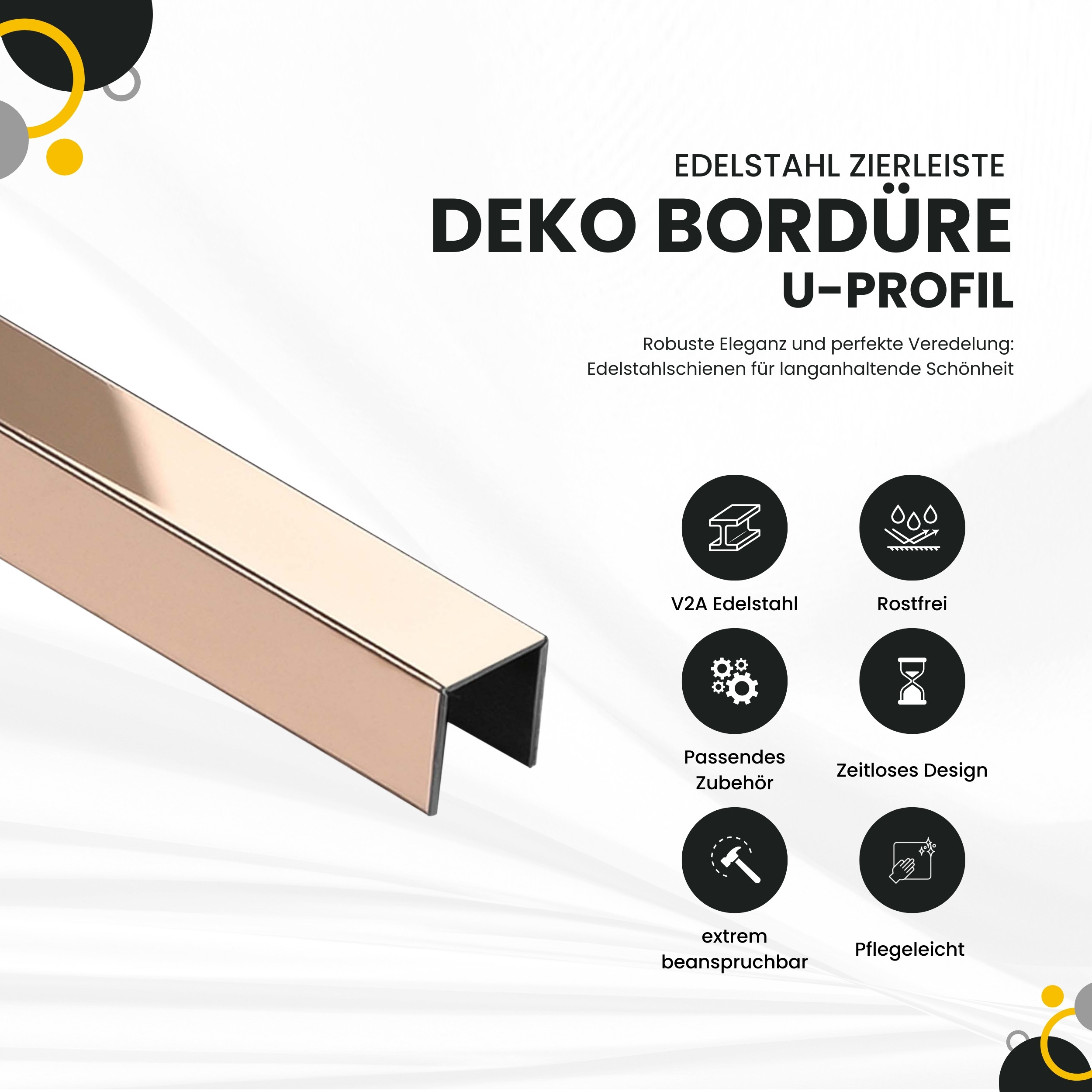 Deko Bordüre U-Profil Zierleiste Fliesenschiene Edelstahl V2A L250cm 10mm rose glänzend