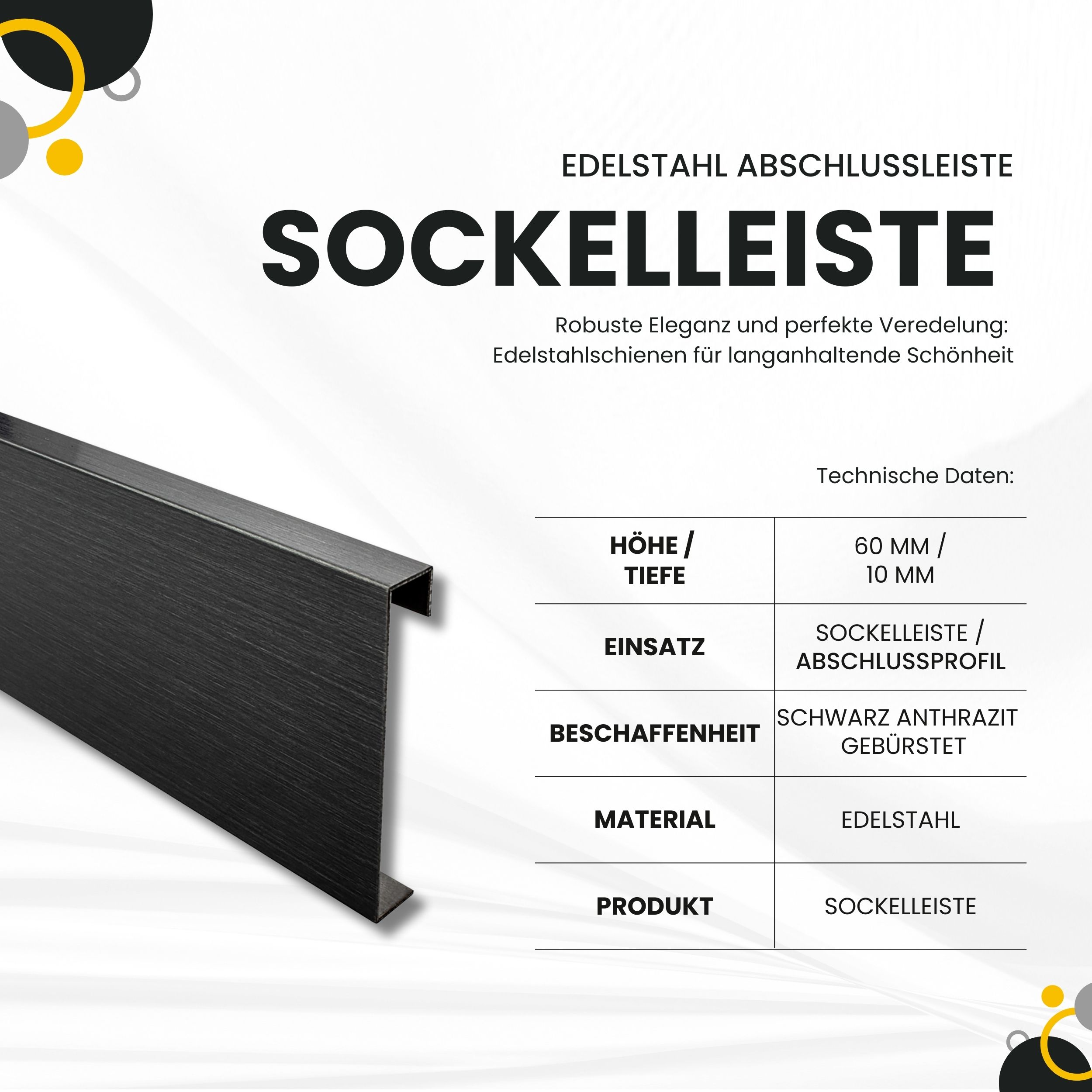 Sockelleiste Edelstahl Fußbodenleisten V2A L250cm 60mm schwarz anthrazit gebürstet Profil 2,5m