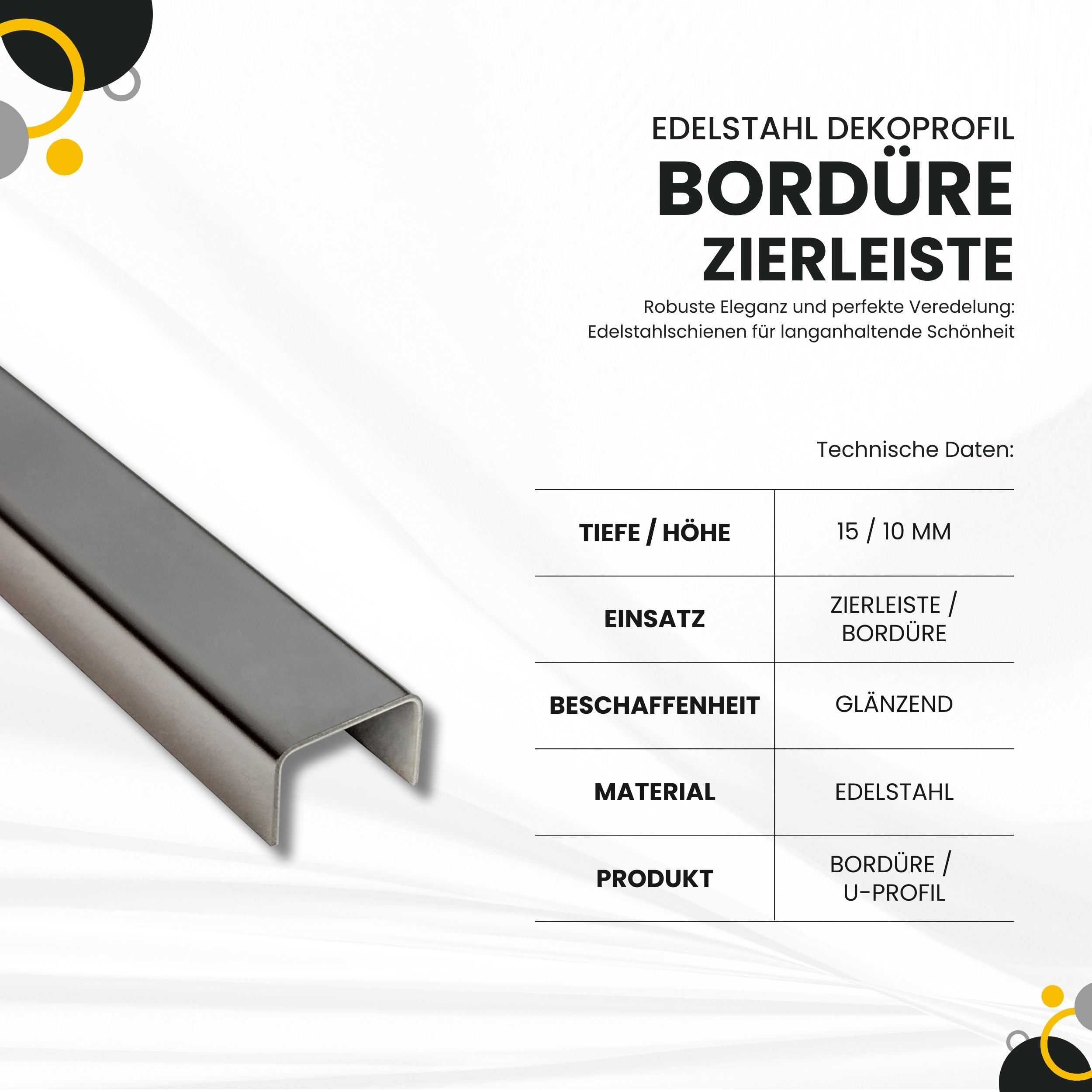 U Profil Edelstahlschiene Bordüre Fliesenschiene Edelstahl V2A L250cm H15mm glänzend
