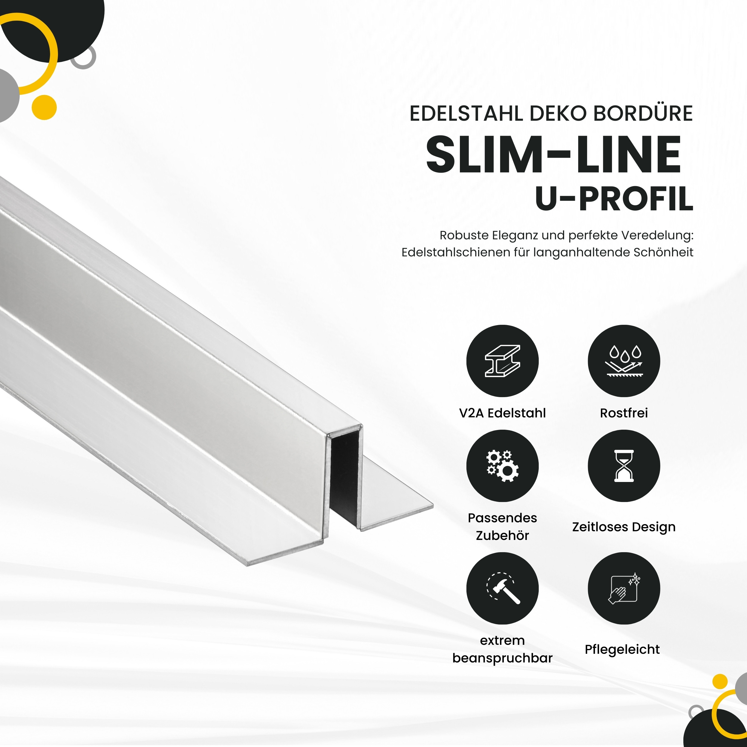 Slim-Line U-Profil Bordüre mit Schenkel Fliesenschiene Edelstahl V2A L250cm H10 glänzend