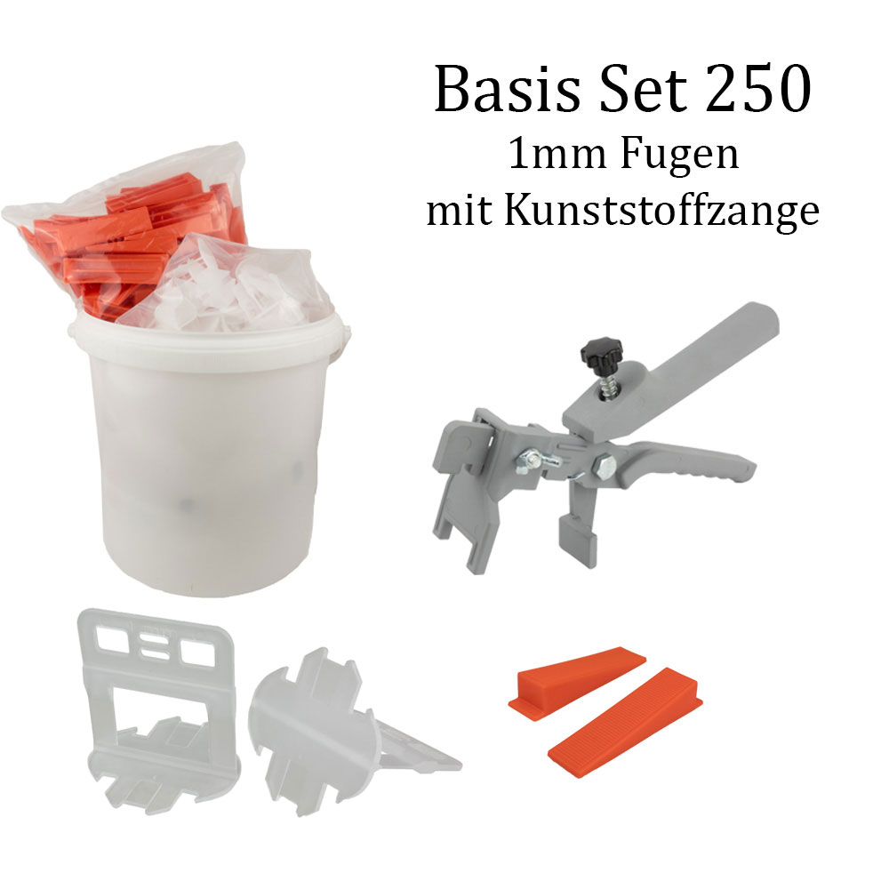 Fliesen Nivelliersystem 1mm Basis-Set 250 Laschen u. 250 Keile + Kunststoffzange Fliesen Nivelliersystem 1mm Basis-Set 250 Laschen u. 250 Keile + Kunststoffzange