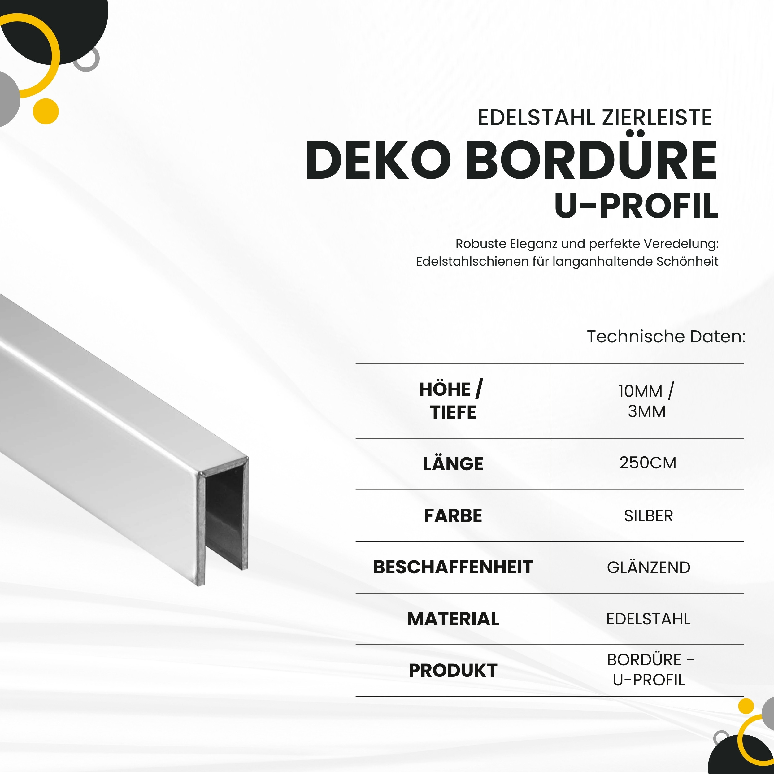 Deko Bordüre U-Profil Zierleiste Fliesenschiene Edelstahl V2A L250cm 3mm silber glänzend Deko Bordüre U-Profil Zierleiste Fliesenschiene Edelstahl V2A L250cm 3mm silber glänzend