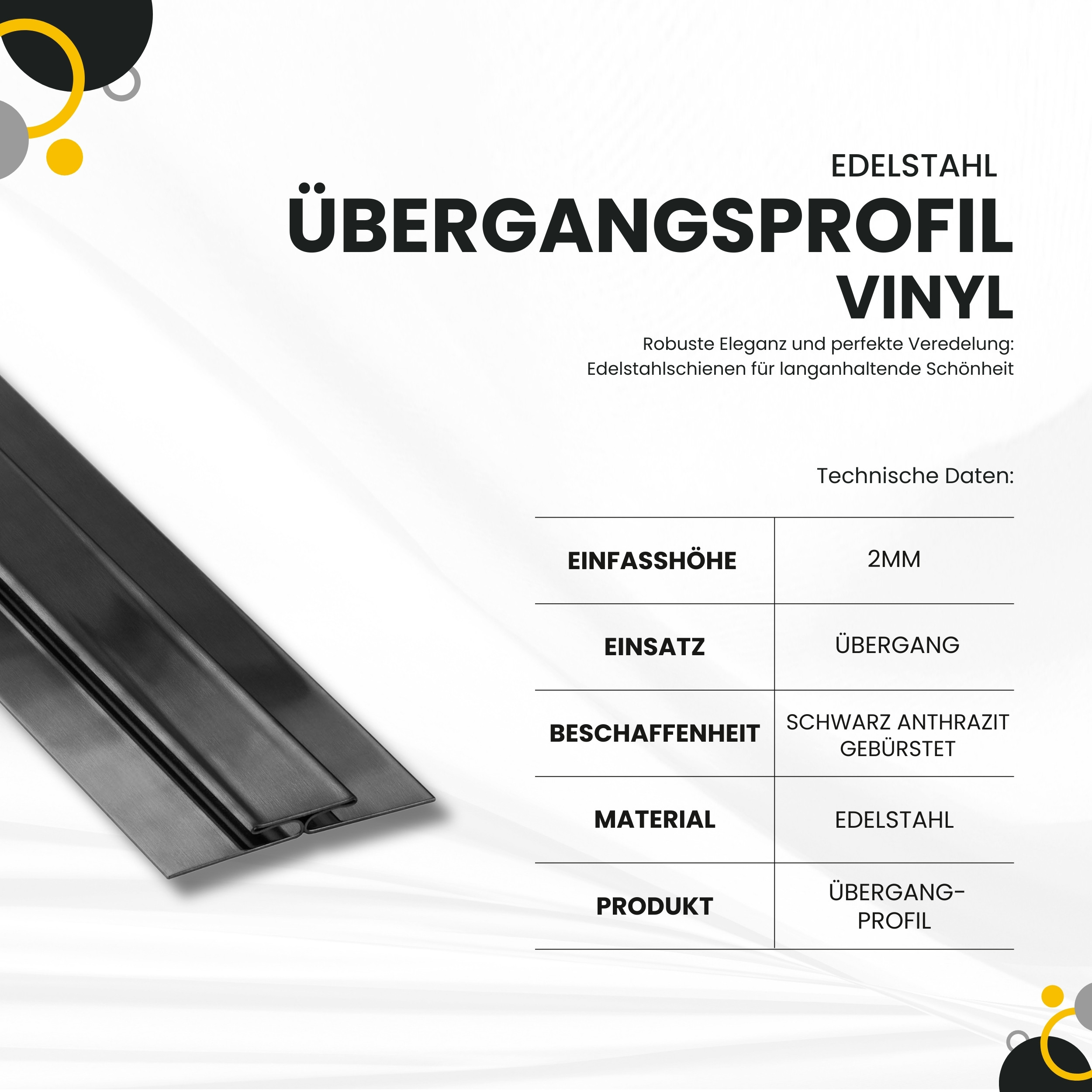 Vinyl Übergangsprofil H-Profil Edelstahl V2A, L250cm, H2mm, schwarz anthrazit gebürstet