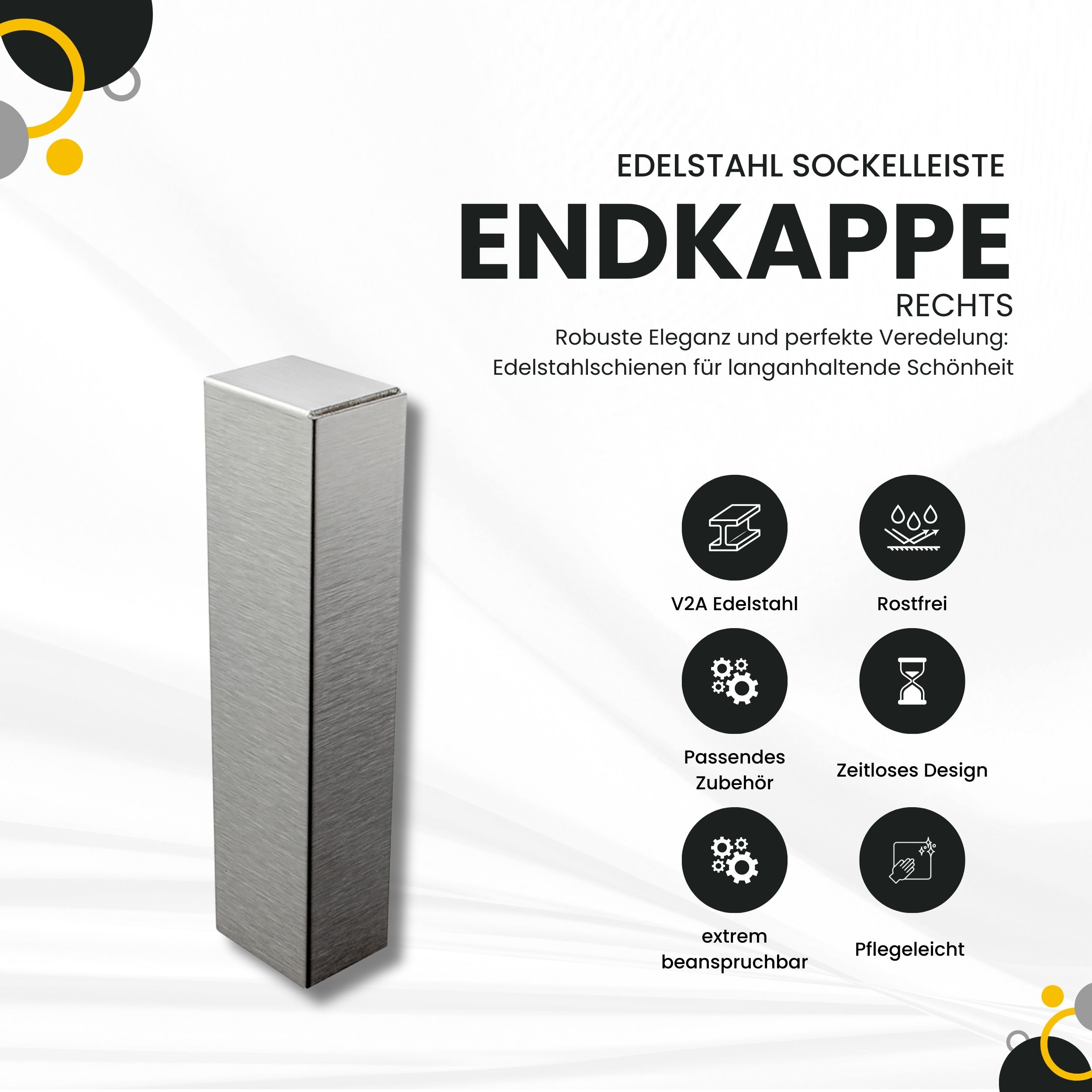 Sockelleiste Edelstahl Fußbodenleisten V2A L250cm 60mm silber gebürstet Endkappe rechts