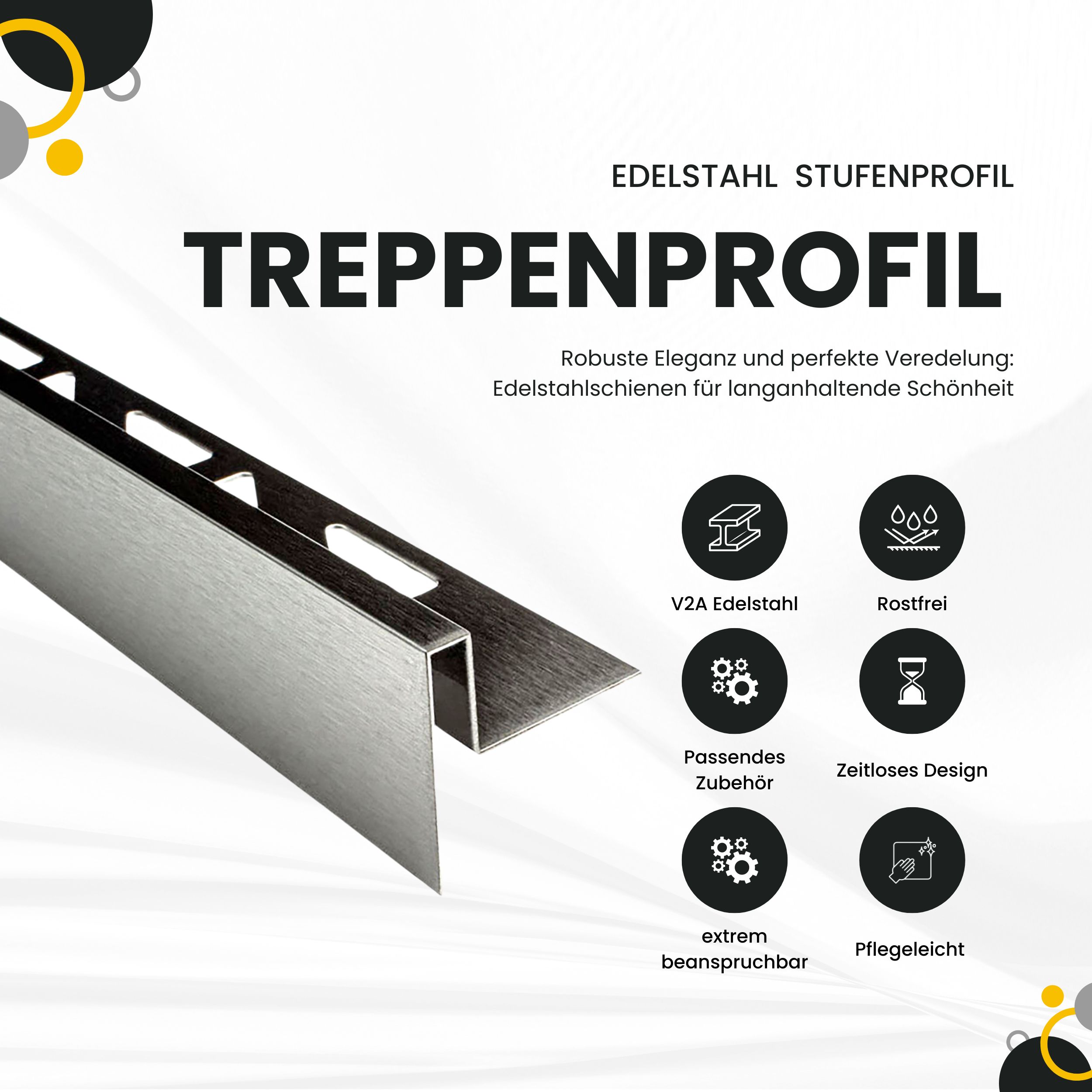 Edelstahl Stufenprofil Treppenprofil Fliesenleiste Treppen V2A L2,5m H12mm gebürstet