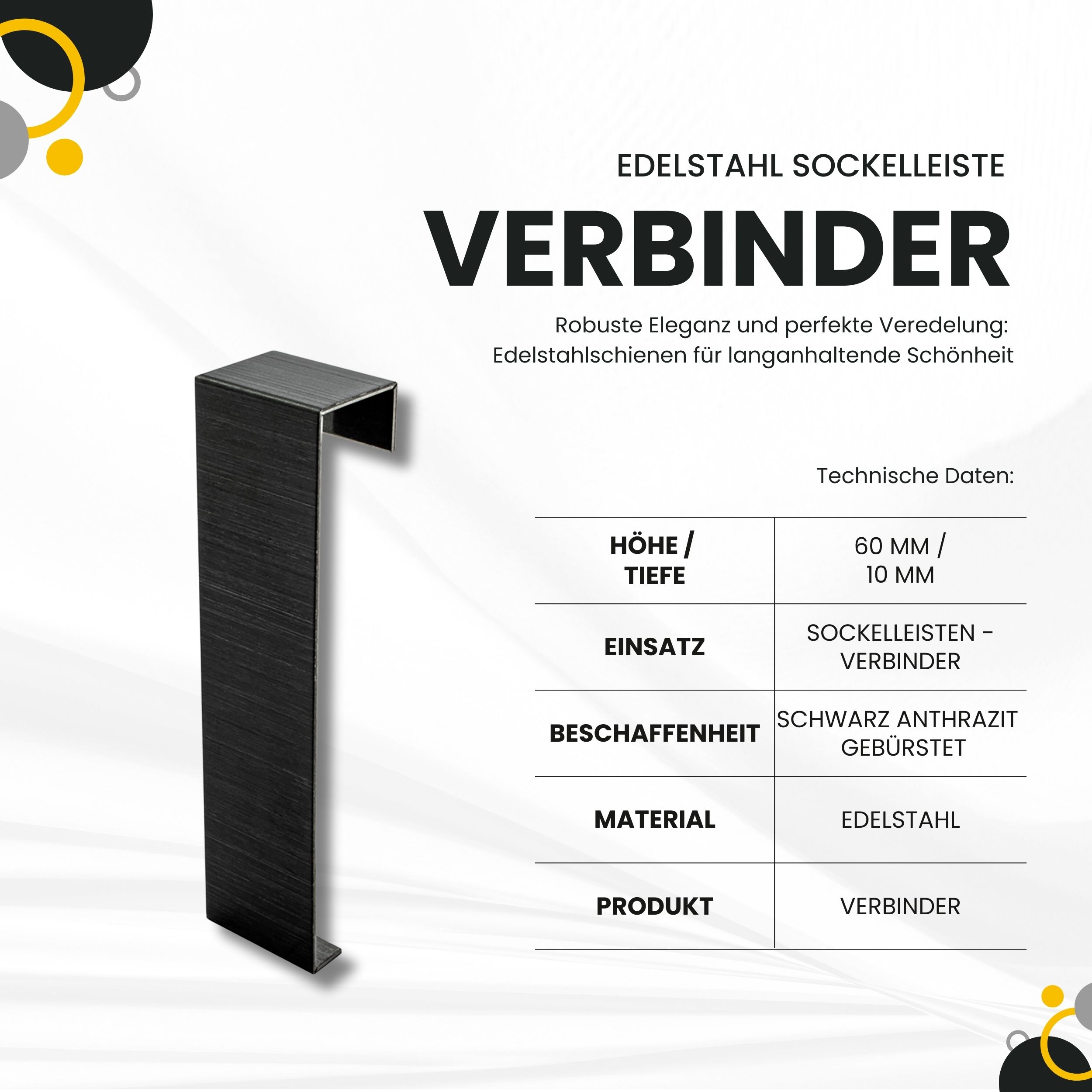 Sockelleiste Edelstahl Fußbodenleisten V2A L250cm 60mm schwarz anthrazit gebürstet Verbinder