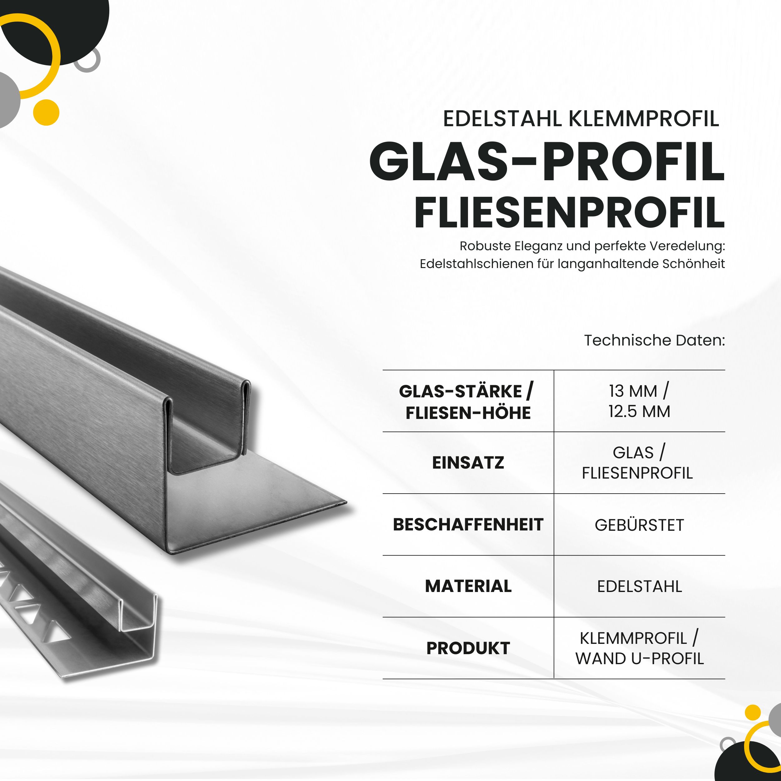 Glas-Fliesenprofil Edelstahl Klemmprofil Wandprofil V2A 2,5m H26,5mm 13mm Glas gebürstet Glas-Fliesenprofil Edelstahl Klemmprofil Wandprofil V2A 2,5m H26,5mm 13mm Glas gebürstet