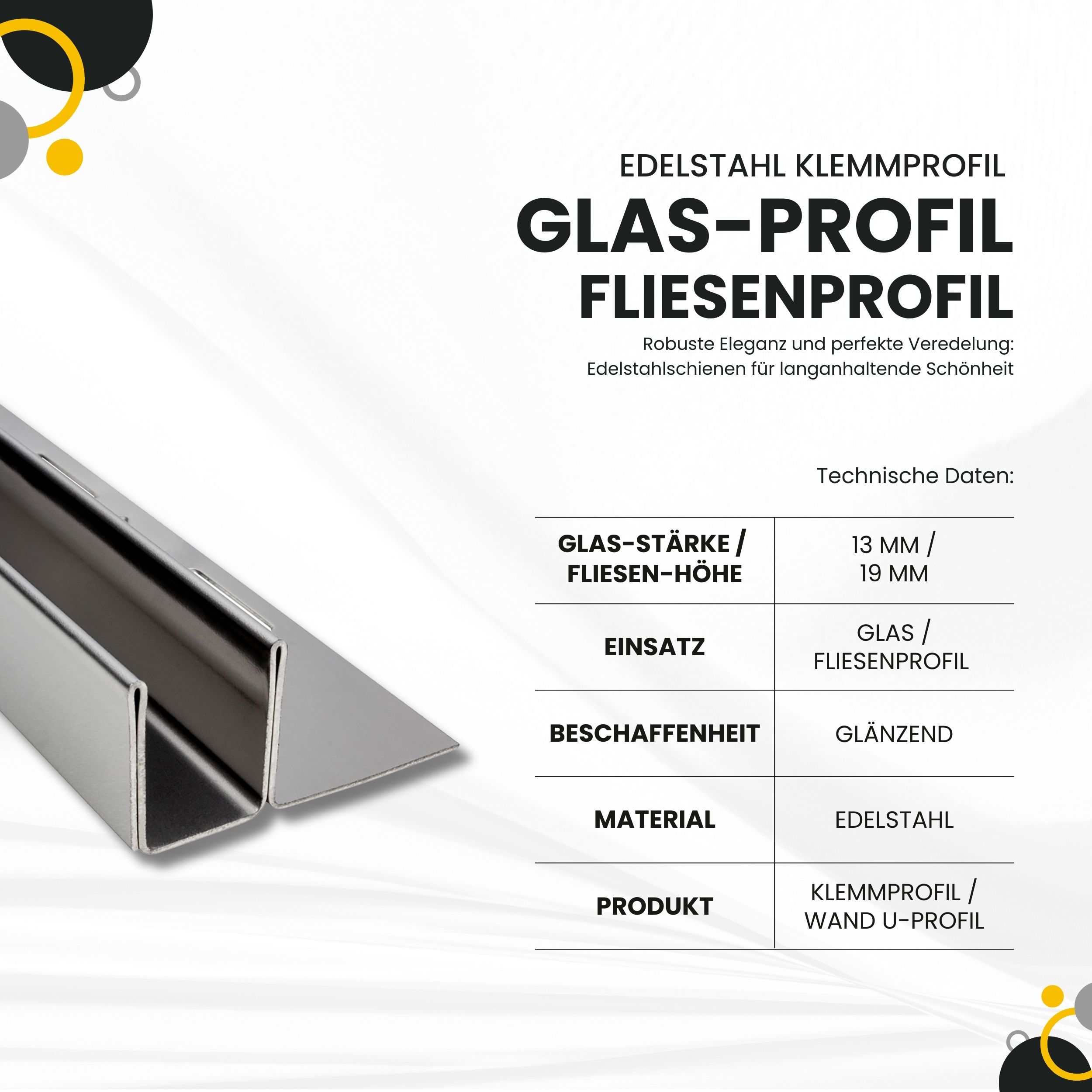 Glas-Fliesenprofil Edelstahl Klemmprofil Wandprofil V2A 2m H19mm 13mm-Glas glänzend