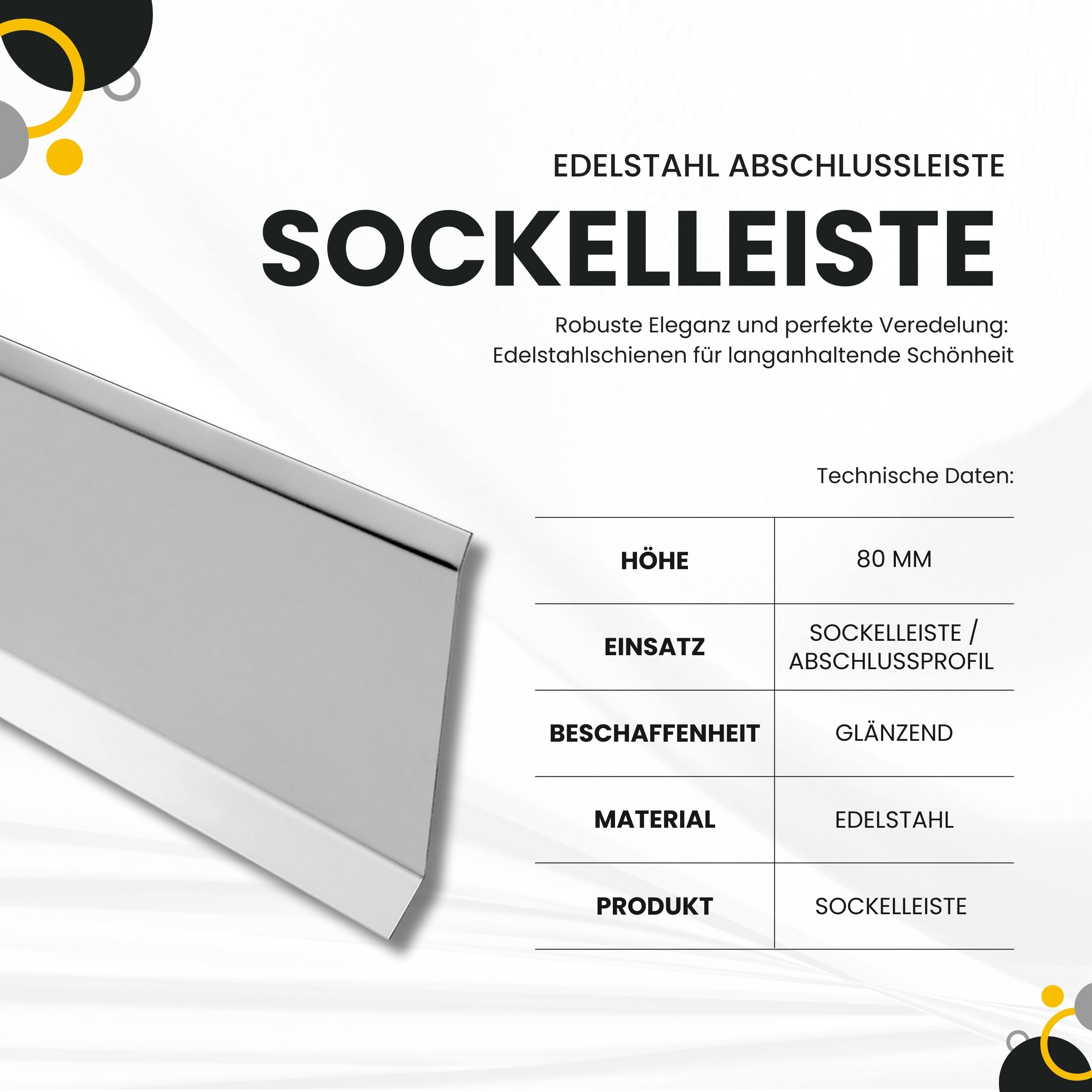 Sockelleiste Edelstahl Fußbodenleisten V2A L250cm 80mm glänzend