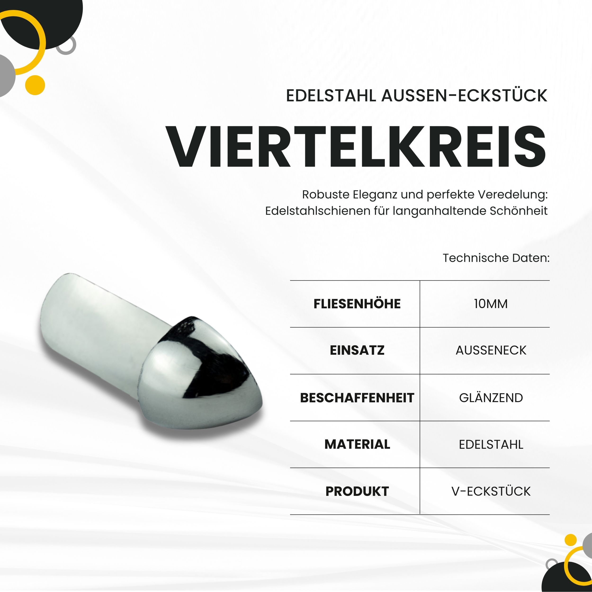 Viertelkreis Ausseneck Vollmaterial Edelstahl V2A 10mm glänzend