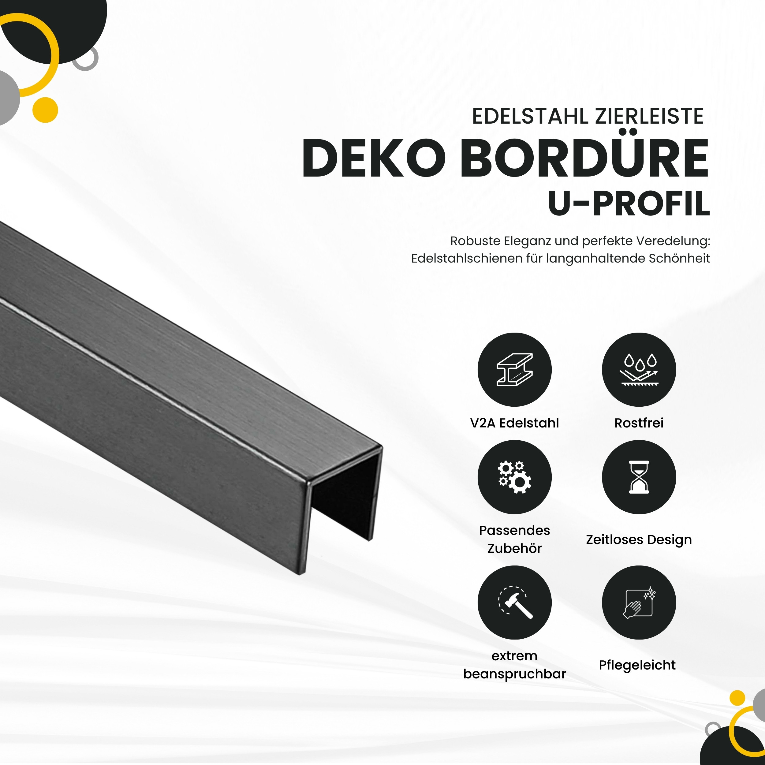 Deko Bordüre U-Profil Zierleiste Fliesenschiene Edelstahl V2A L250cm 10mm schwarz gebürstet