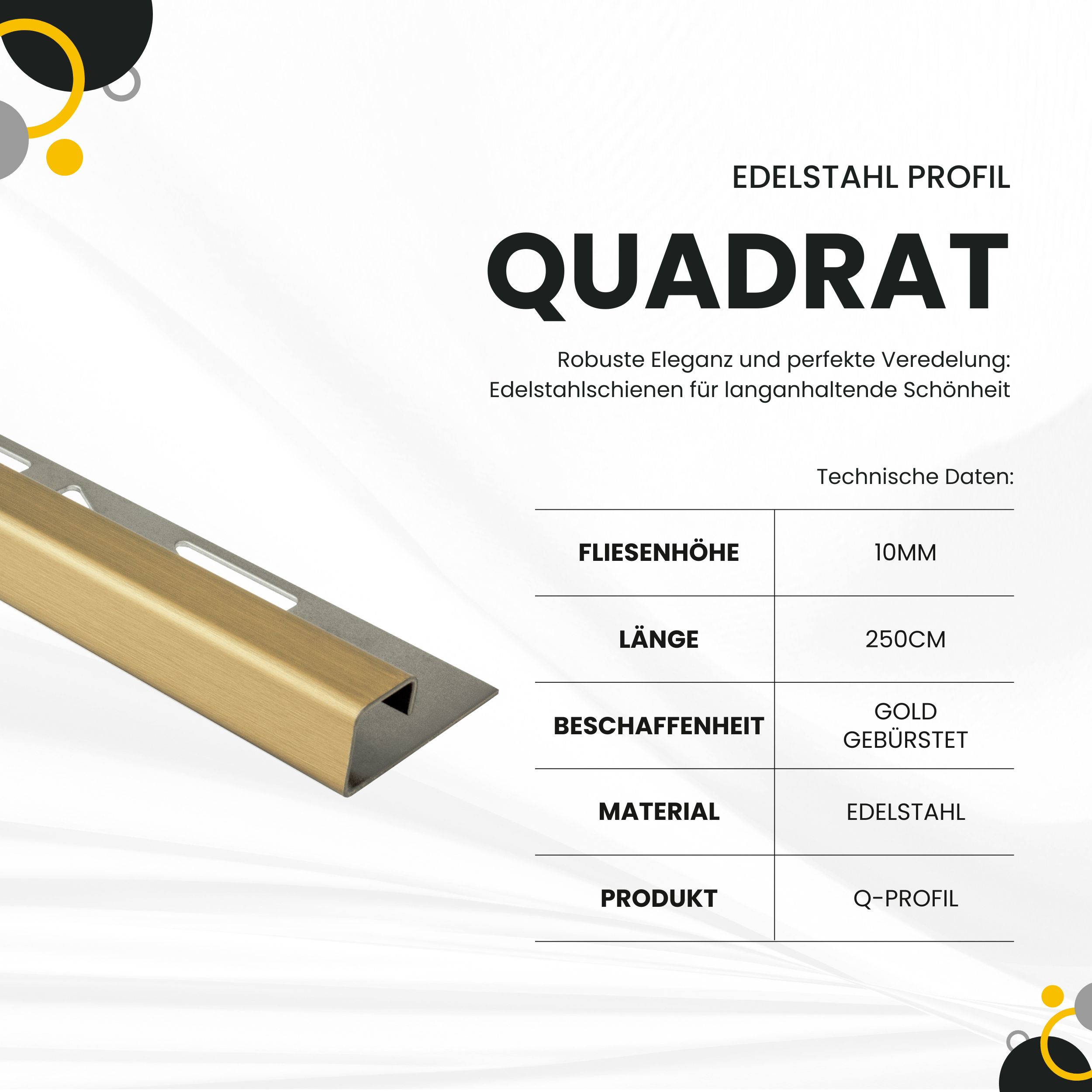 Quadrat Fliesenprofil Edelstahl V2A L250cm H10 gold gebürstet