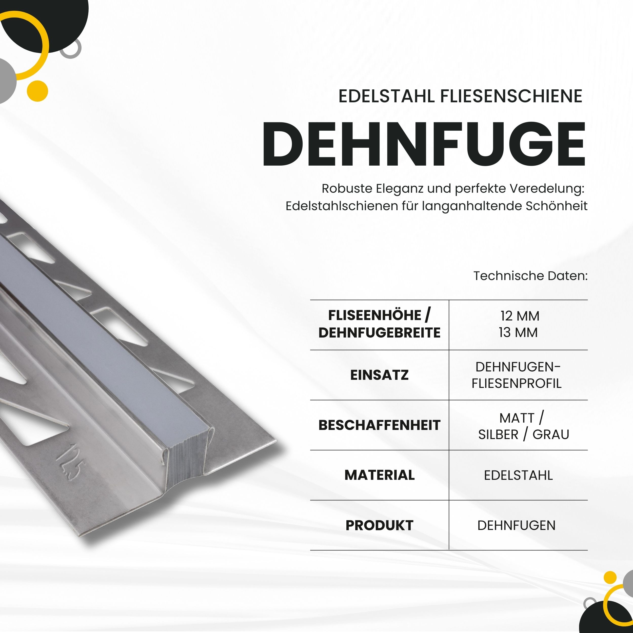 Dehnfugen Edelstahl Fliesenschiene Fliesenprofil silber matt L250cm 12mm