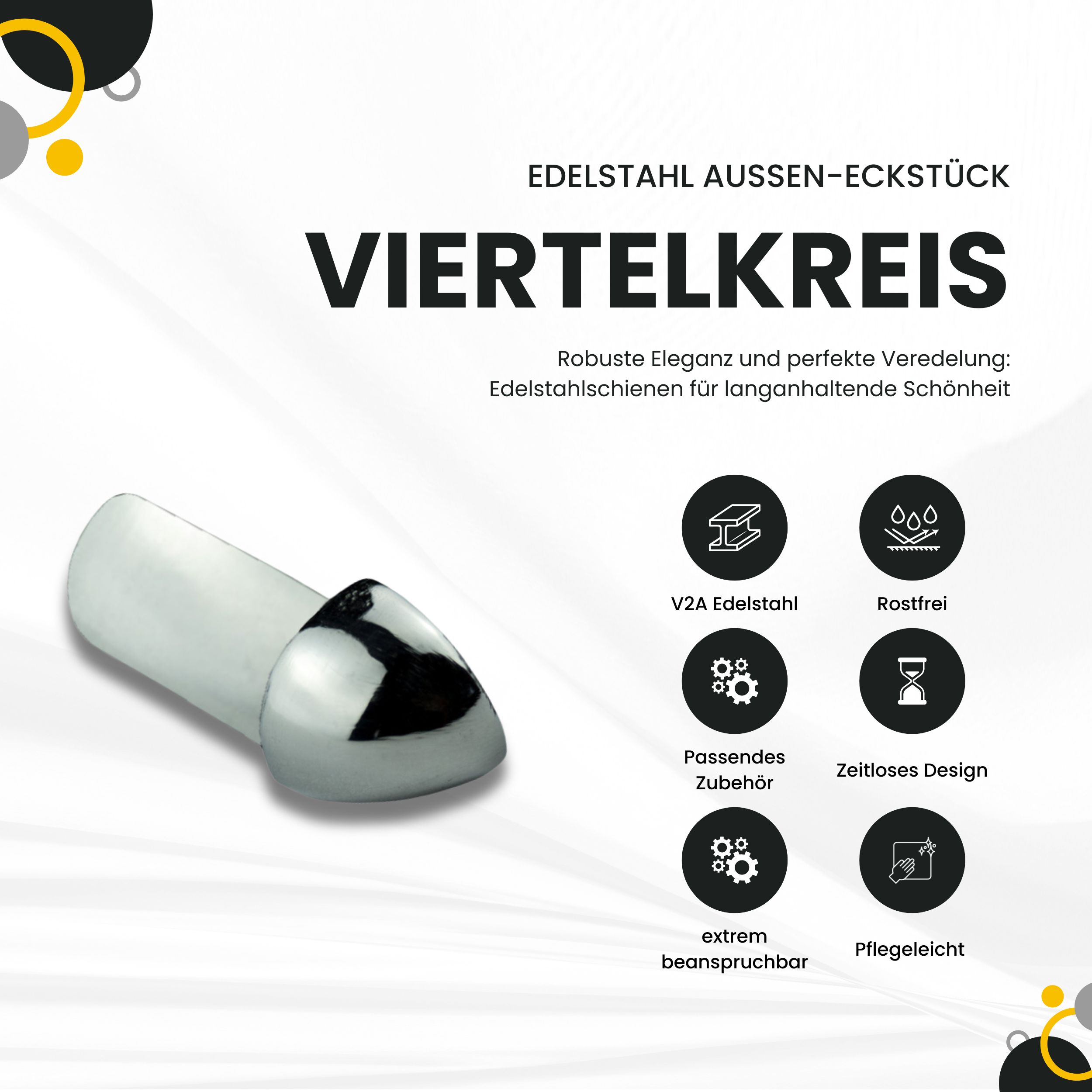 Viertelkreis Ausseneck Vollmaterial Edelstahl V2A 8mm glänzend