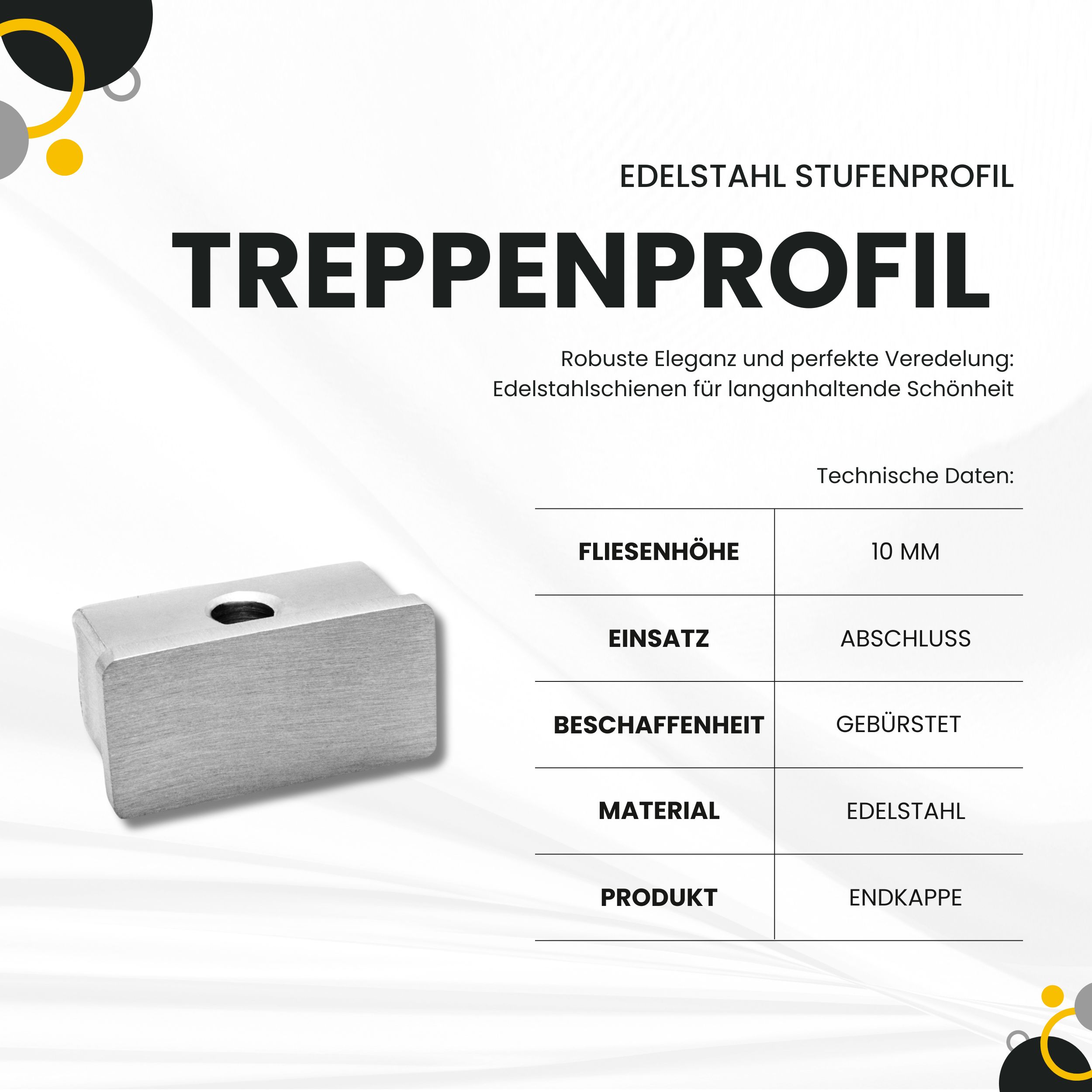Edelstahl Stufenprofil Fliesenleiste Treppen H10mm Endkappe gebürstet