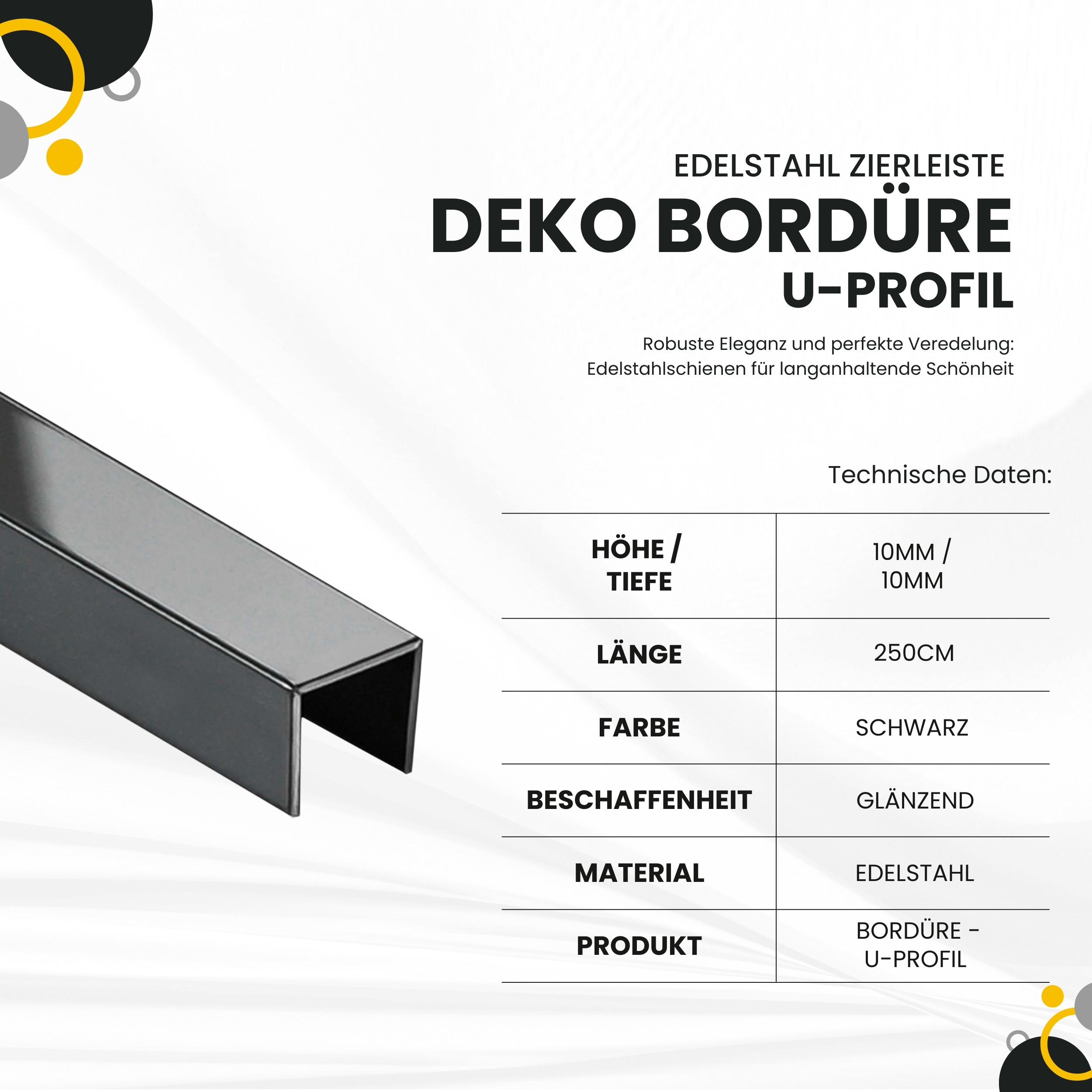 Deko Bordüre U-Profil Zierleiste Fliesenschiene Edelstahl V2A L250cm 10mm schwarz glänzend Deko Bordüre U-Profil Zierleiste Fliesenschiene Edelstahl V2A L250cm 10mm schwarz glänzend