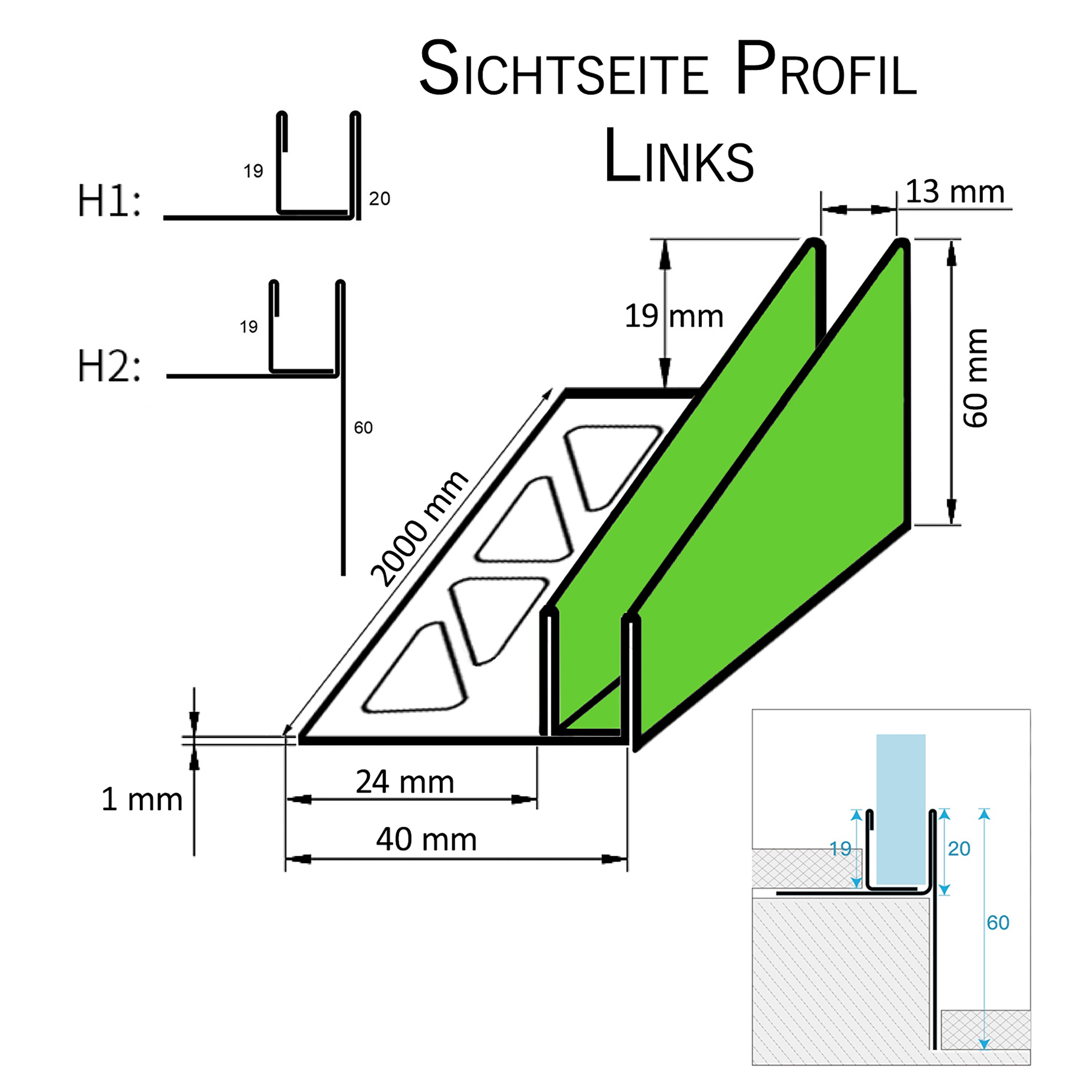 Glashalter- Duschprofil, Keil- Gefälle-Profil begehbare Dusche H19 G13 Links 200cm gebürstet Glashalter- Duschprofil, Keil- Gefälle-Profil begehbare Dusche H19 G13 Links 200cm gebürstet