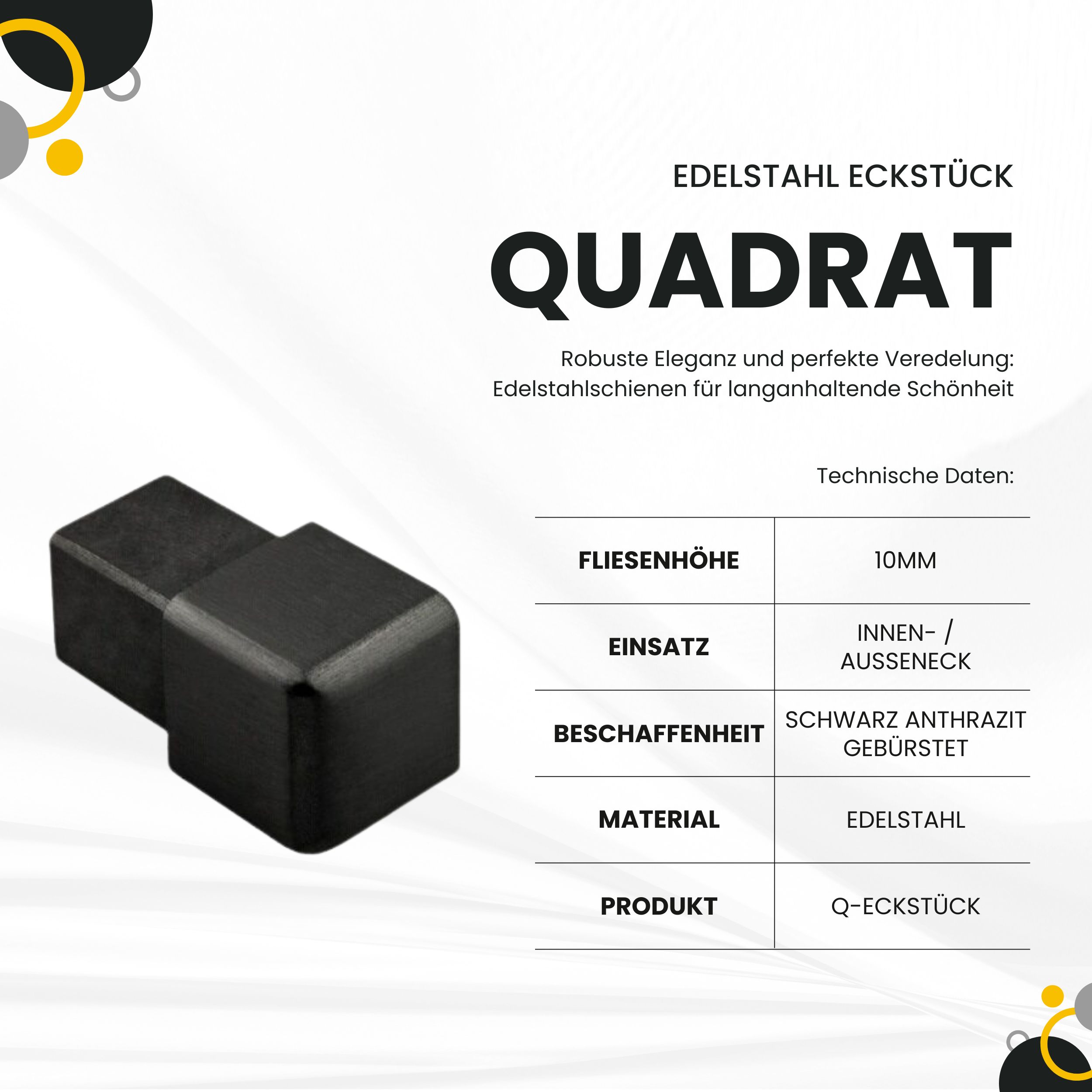 Quadrat Ausseneck Edelstahl V2A 10mm schwarz anthrazit gebürstet Quadrat Ausseneck Edelstahl V2A 10mm schwarz anthrazit gebürstet