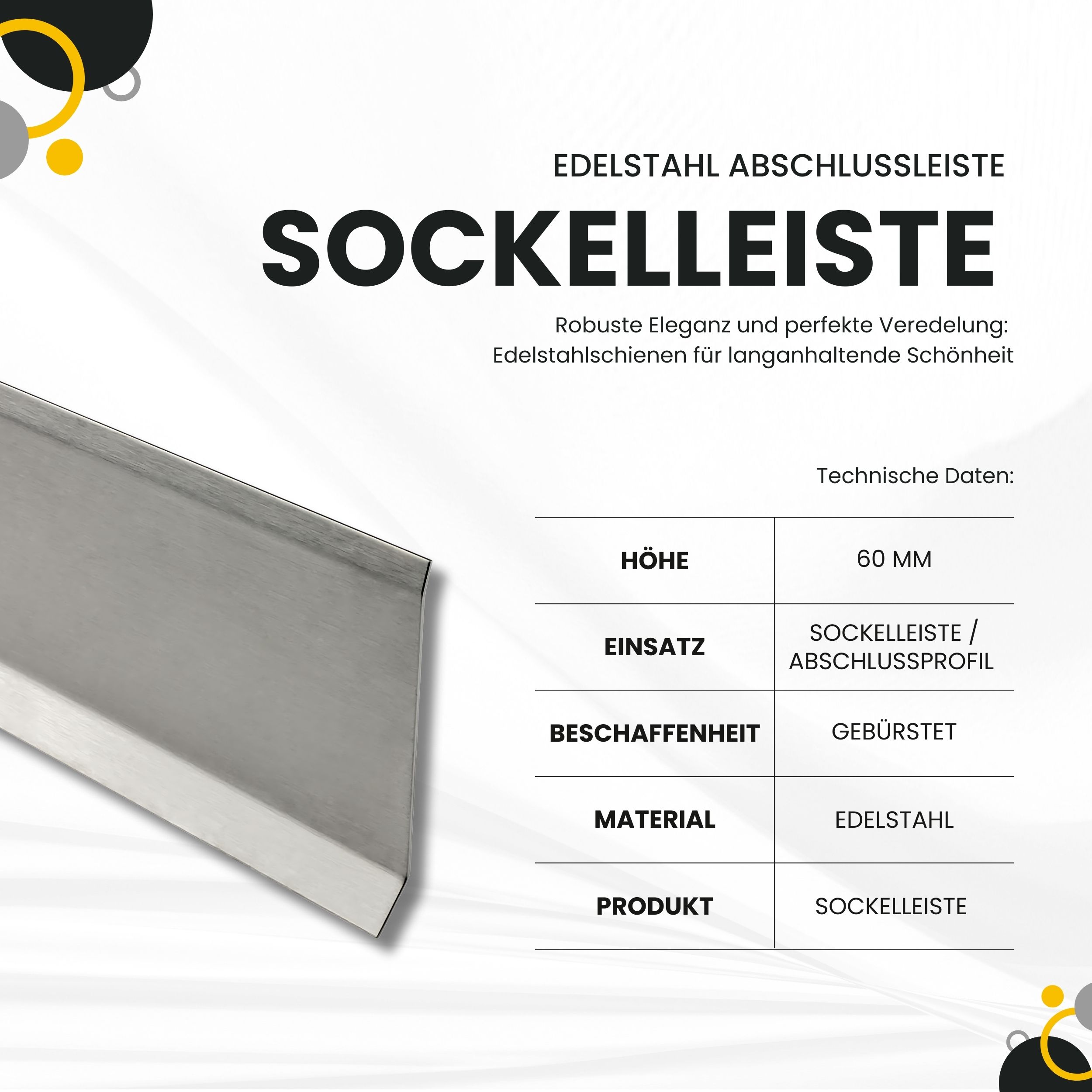 Sockelleiste Edelstahl Fußbodenleisten V2A L250cm 60mm gebürstet Sockelleiste Edelstahl Fußbodenleisten V2A L250cm 60mm gebürstet
