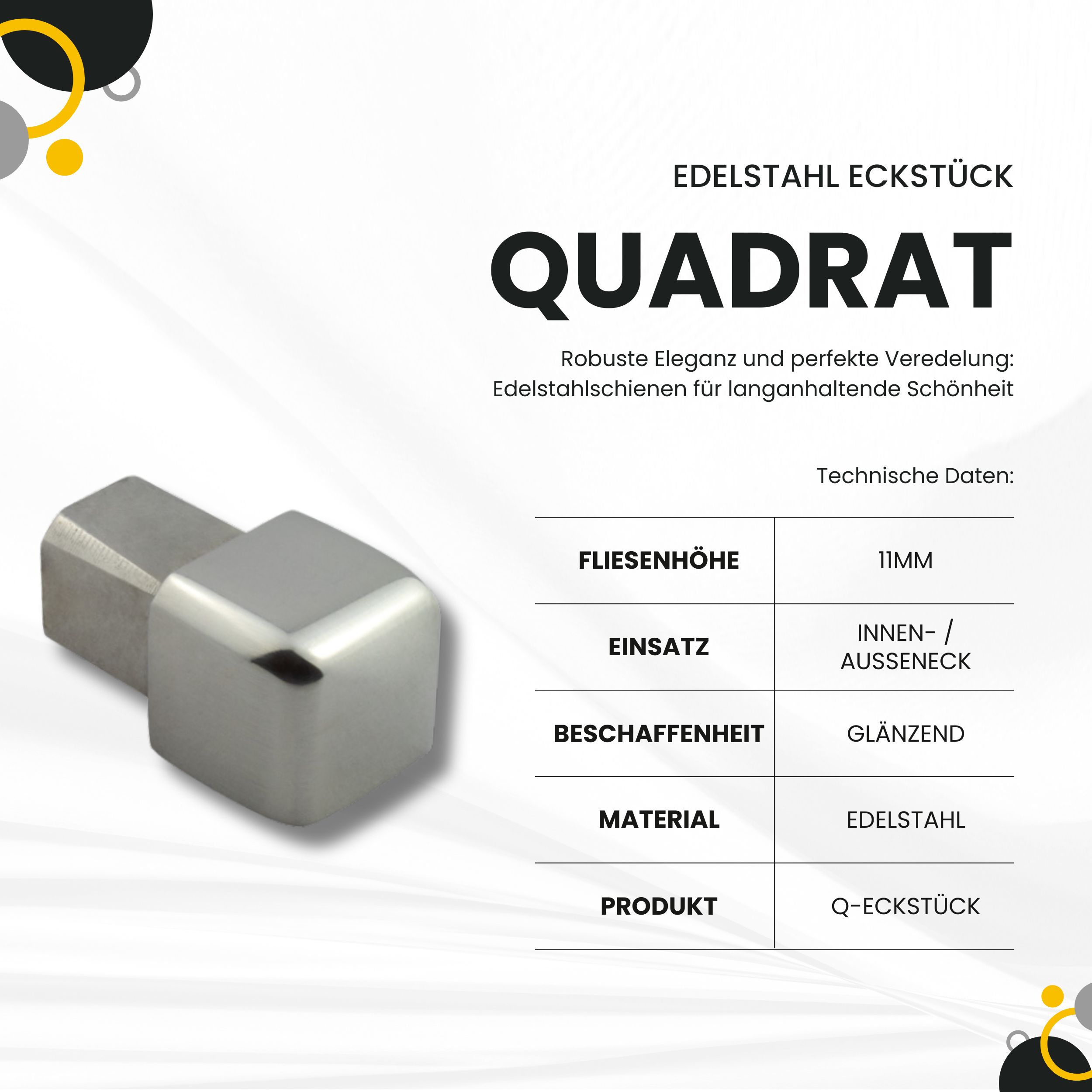 Quadrat Ausseneck Edelstahl V2A 11mm glänzend Quadrat Ausseneck Edelstahl V2A 11mm glänzend