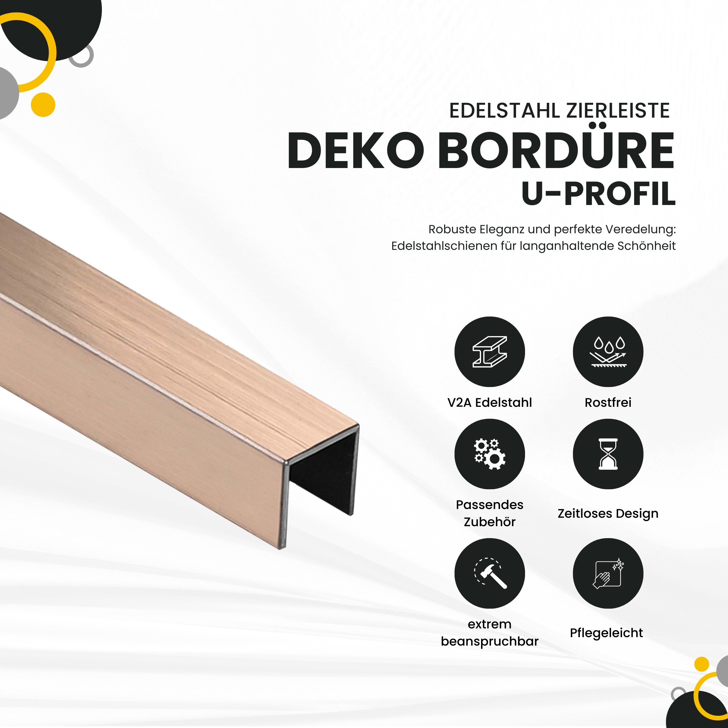 Deko Bordüre U-Profil Zierleiste Fliesenschiene Edelstahl V2A L250cm 10mm rose gebürstet