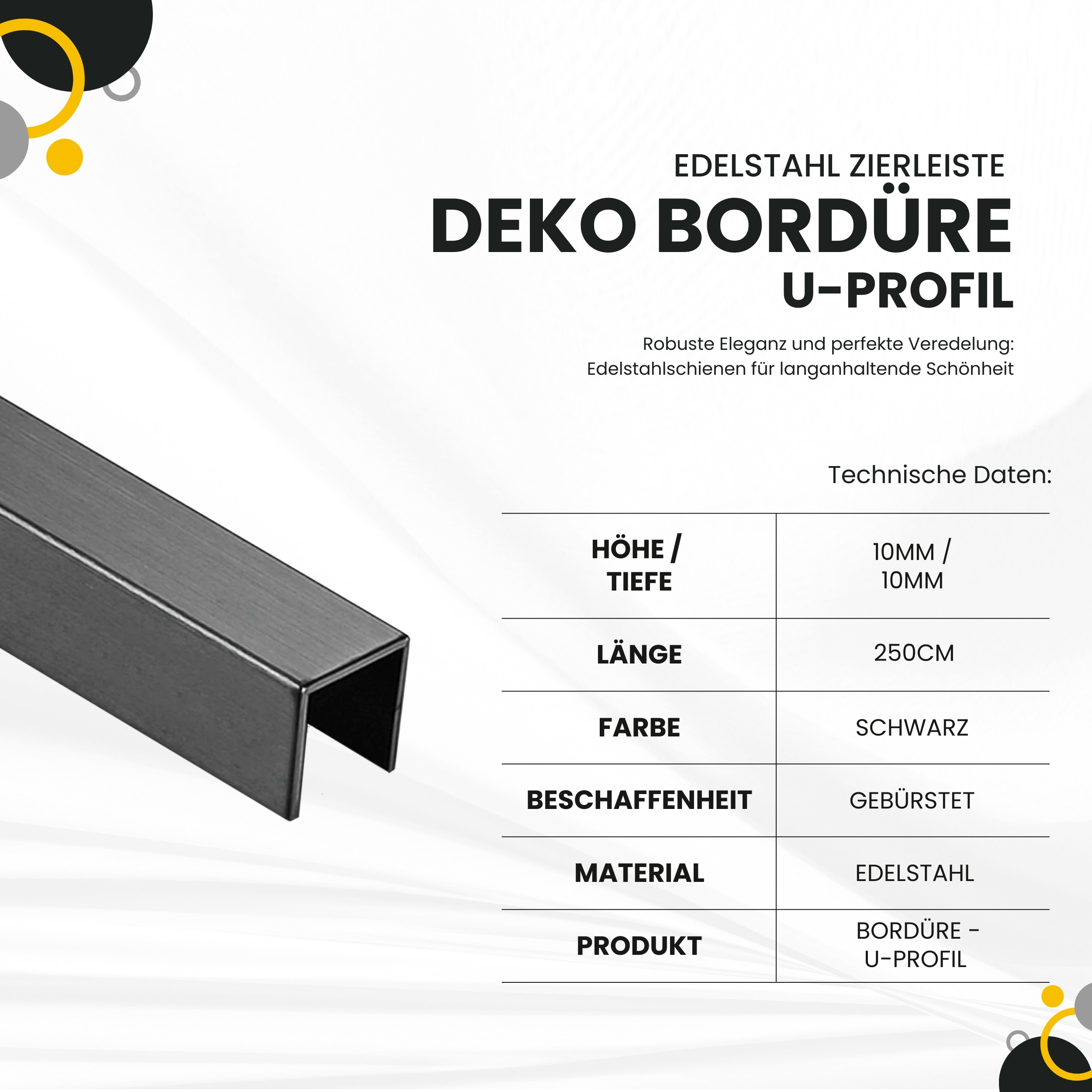 Deko Bordüre U-Profil Zierleiste Fliesenschiene Edelstahl V2A L250cm 10mm schwarz gebürstet