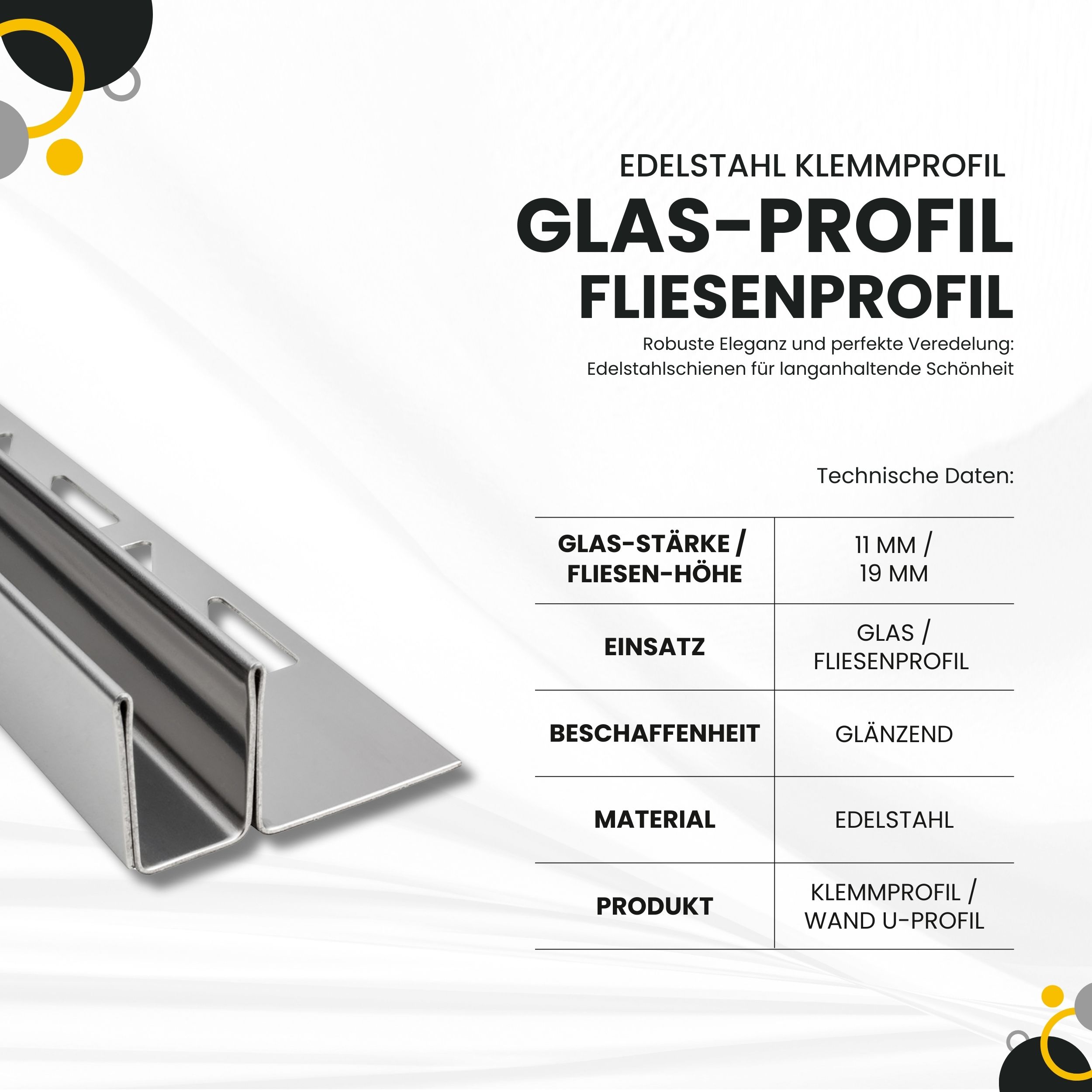 Glas-Fliesenprofil Edelstahl Klemmprofil Wandprofil V2A 2m H19mm 11mm-Glas glänzend Glas-Fliesenprofil Edelstahl Klemmprofil Wandprofil V2A 2m H19mm 11mm-Glas glänzend