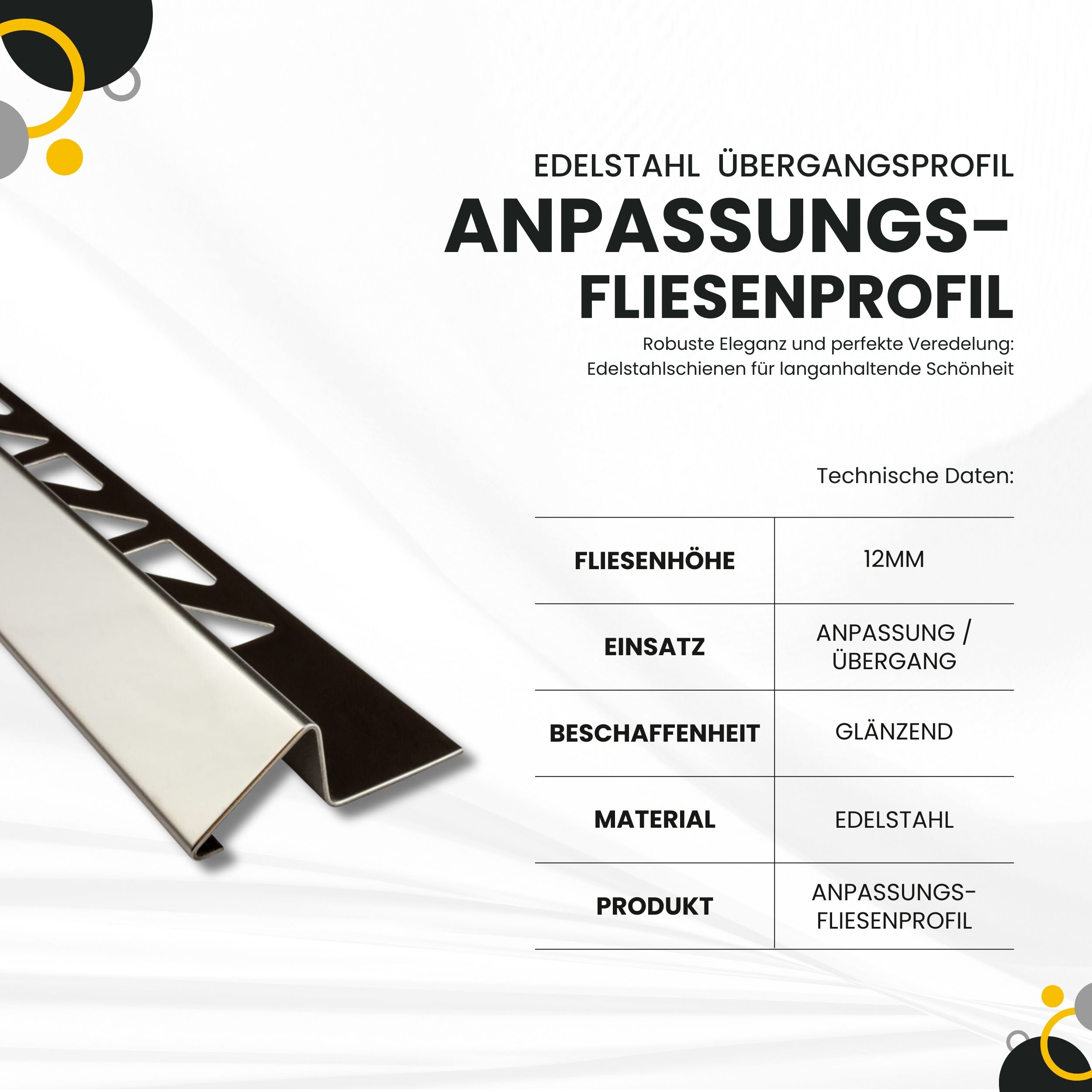 Anpassungsprofil Edelstahl Übergang Fliesenleiste Profil V2A 2,5m 12mm glänzend Anpassungsprofil Edelstahl Übergang Fliesenleiste Profil V2A 2,5m 12mm glänzend