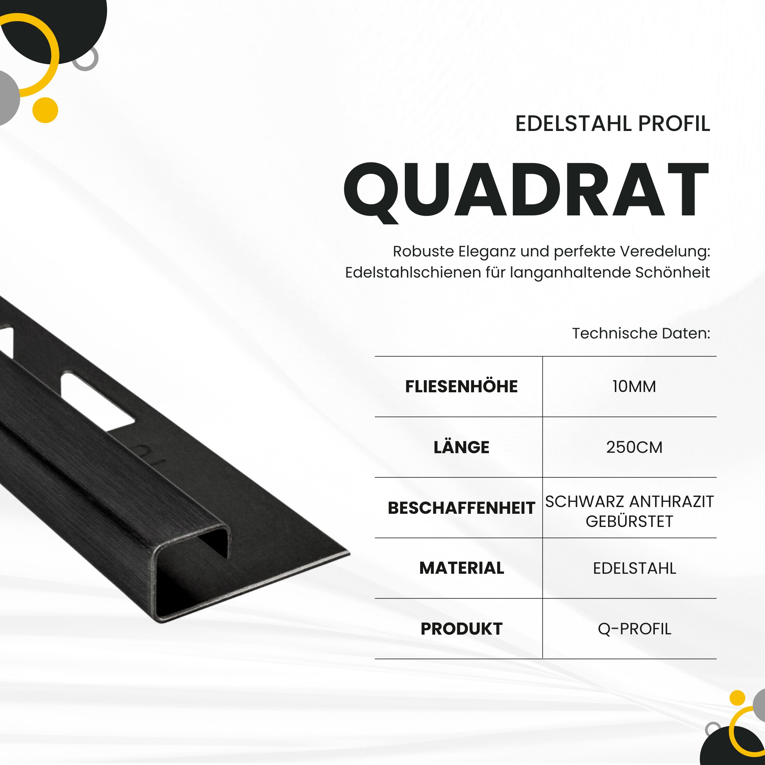 Quadrat Fliesenprofil Edelstahl V2A L250cm H10 schwarz anthrazit gebürstet