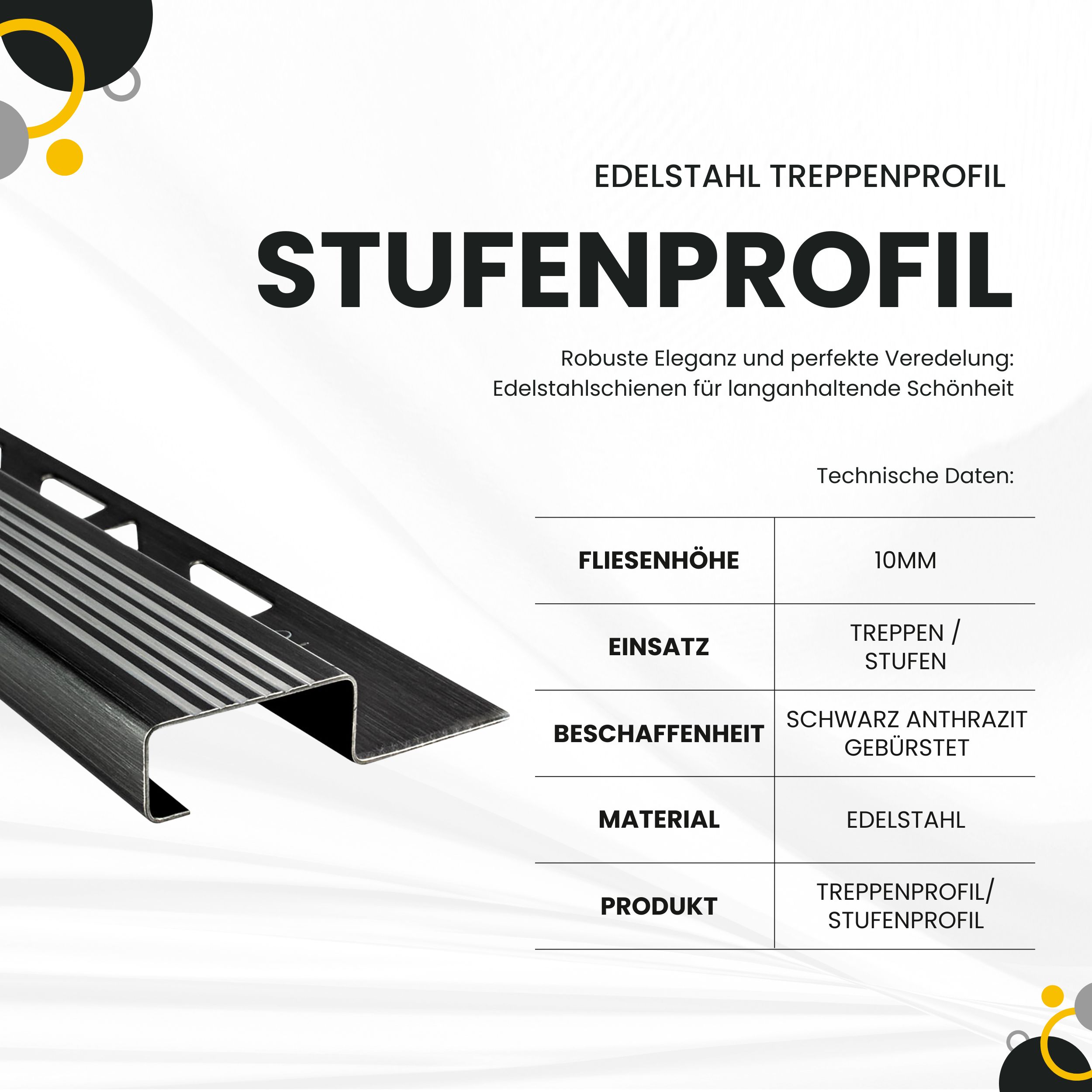 Edelstahl Stufenprofil Fliesen Treppen schwarz anthrazit gebürstet 2,5m 10mm
